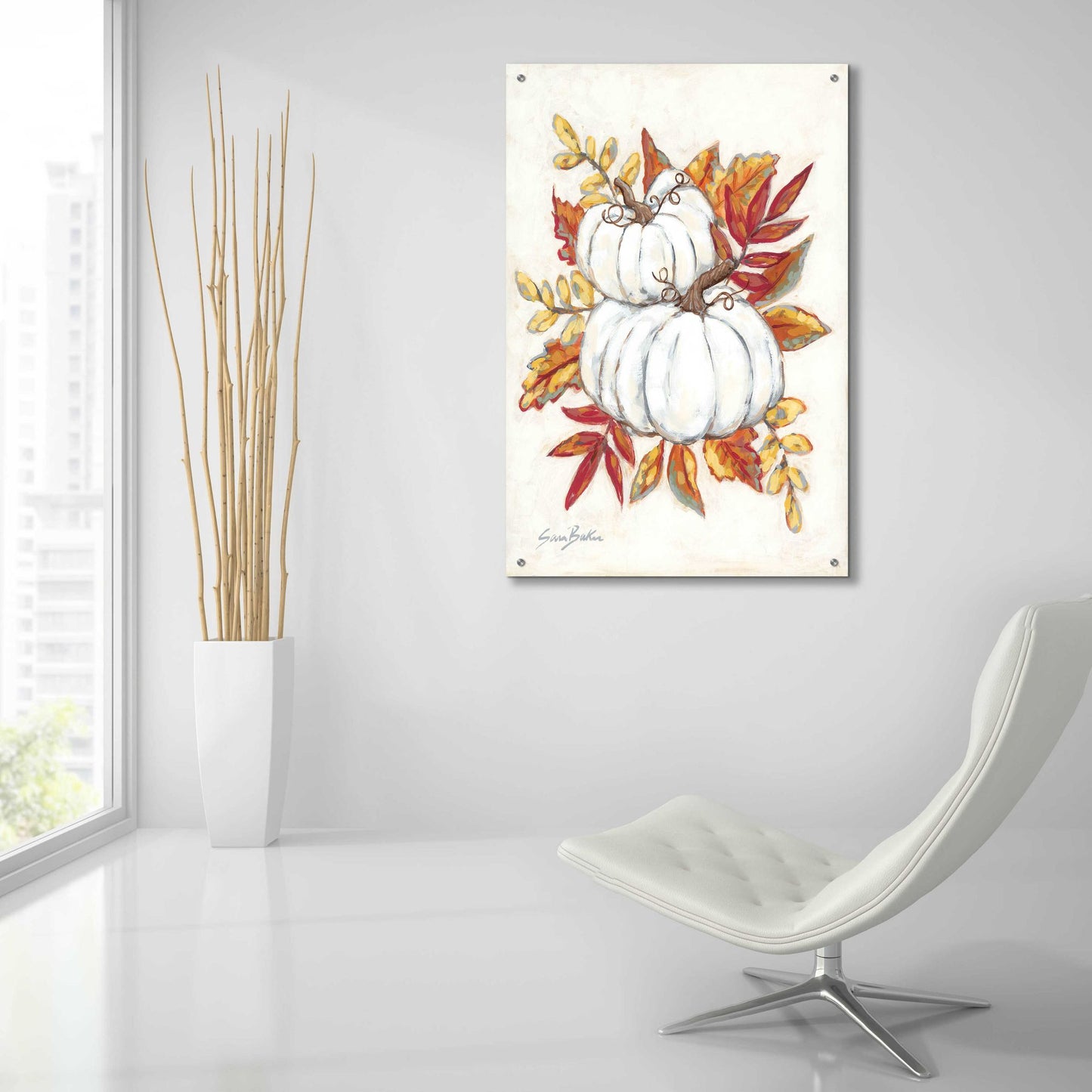 Epic Art 'White Pumpkin Fall Foliage' by Sara Baker, Acrylic Glass Wall Art,24x36