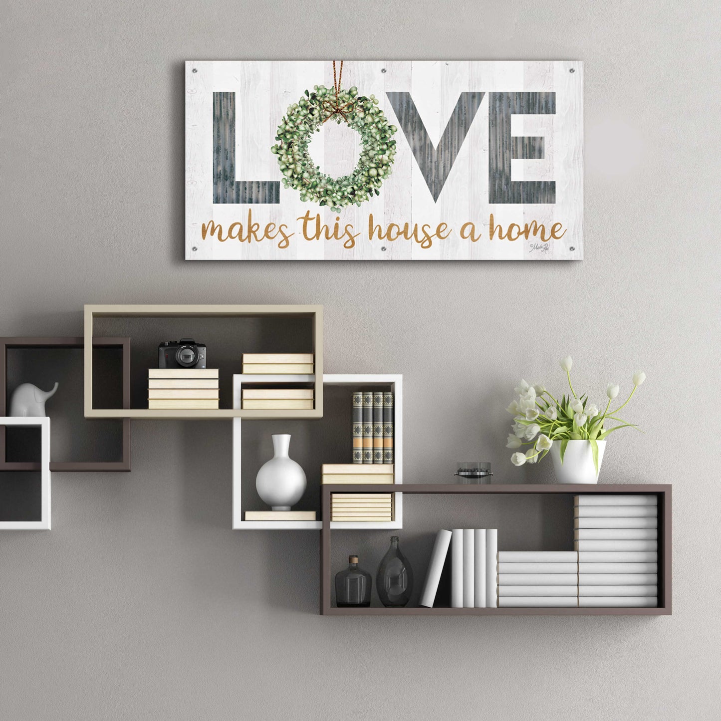 Epic Art 'Love Makes This House a Home with Wreath' by Marla Rae, Acrylic Glass Wall Art,48x24