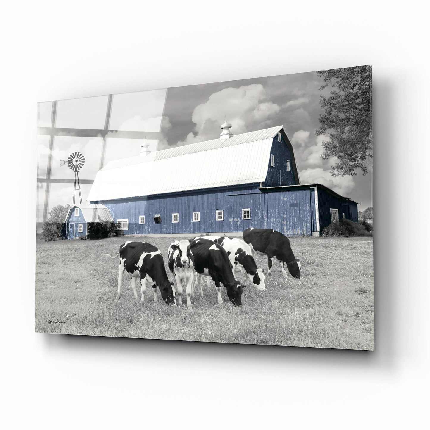 Epic Art 'Blue Barn with Cows' by Lori Deiter, Acrylic Glass Wall Art,16x12