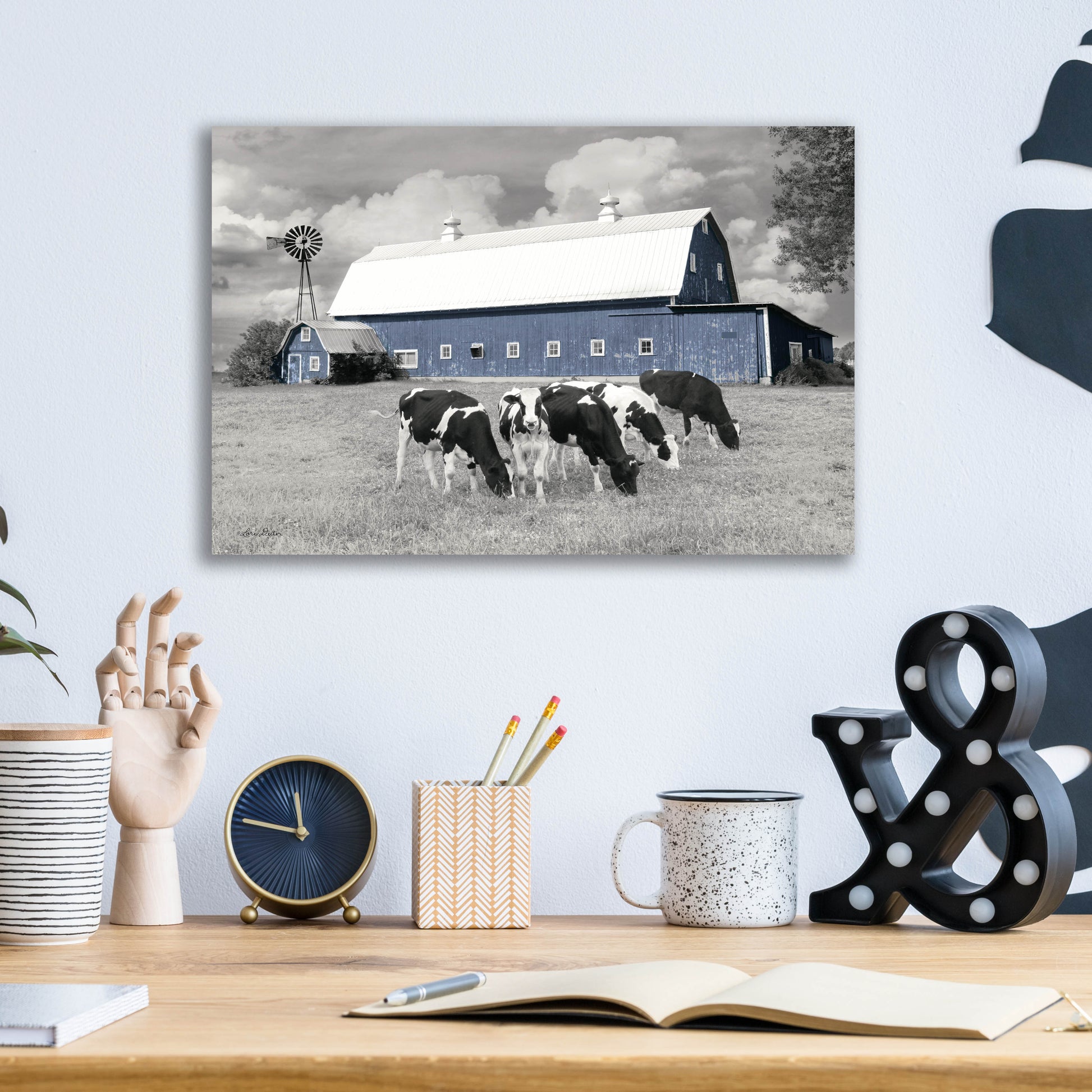 Epic Art 'Blue Barn with Cows' by Lori Deiter, Acrylic Glass Wall Art,16x12