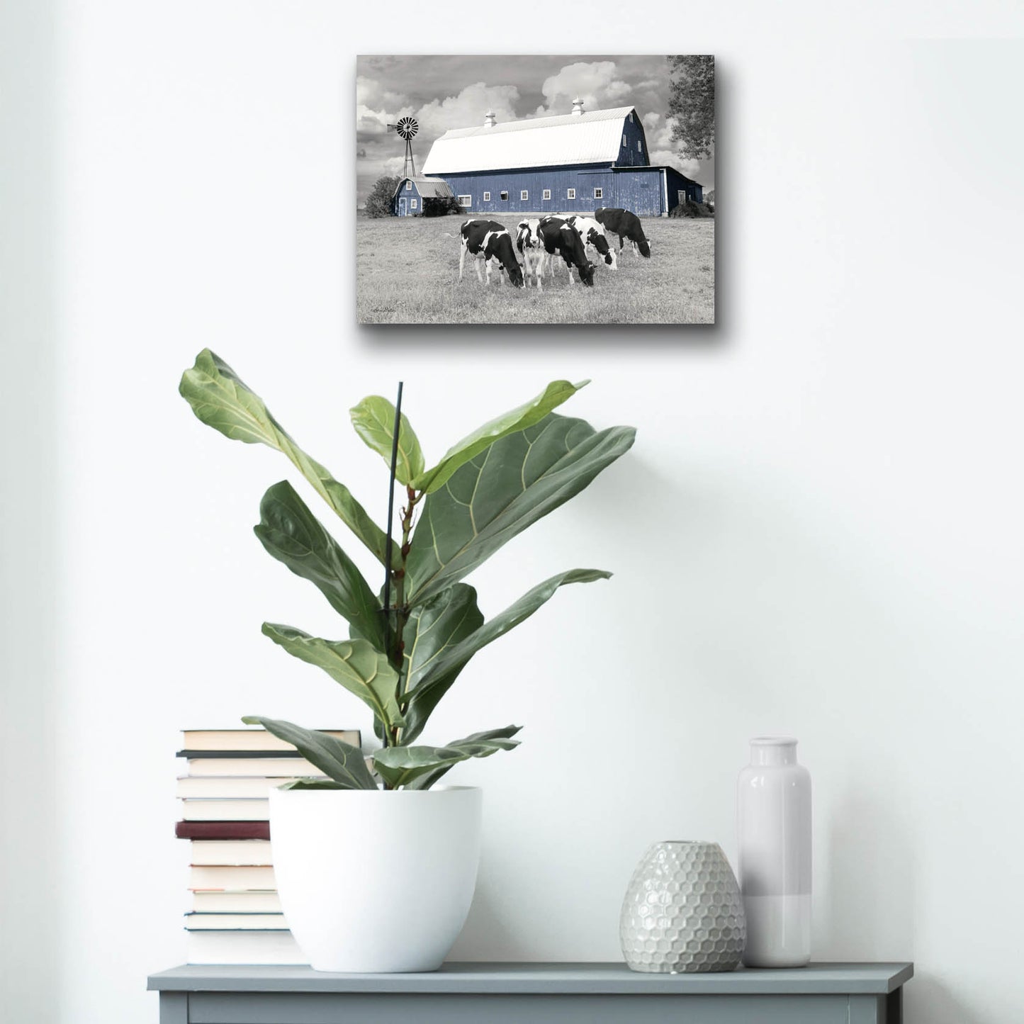 Epic Art 'Blue Barn with Cows' by Lori Deiter, Acrylic Glass Wall Art,16x12