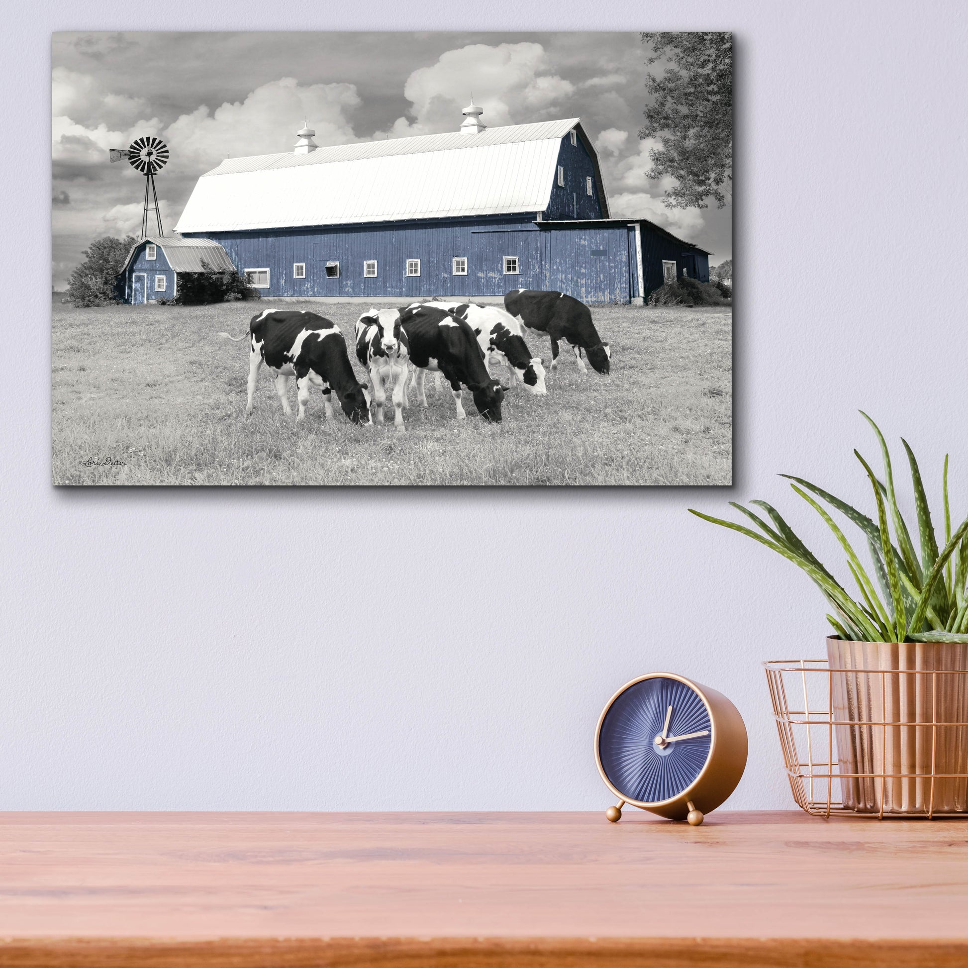 Epic Art 'Blue Barn with Cows' by Lori Deiter, Acrylic Glass Wall Art,16x12