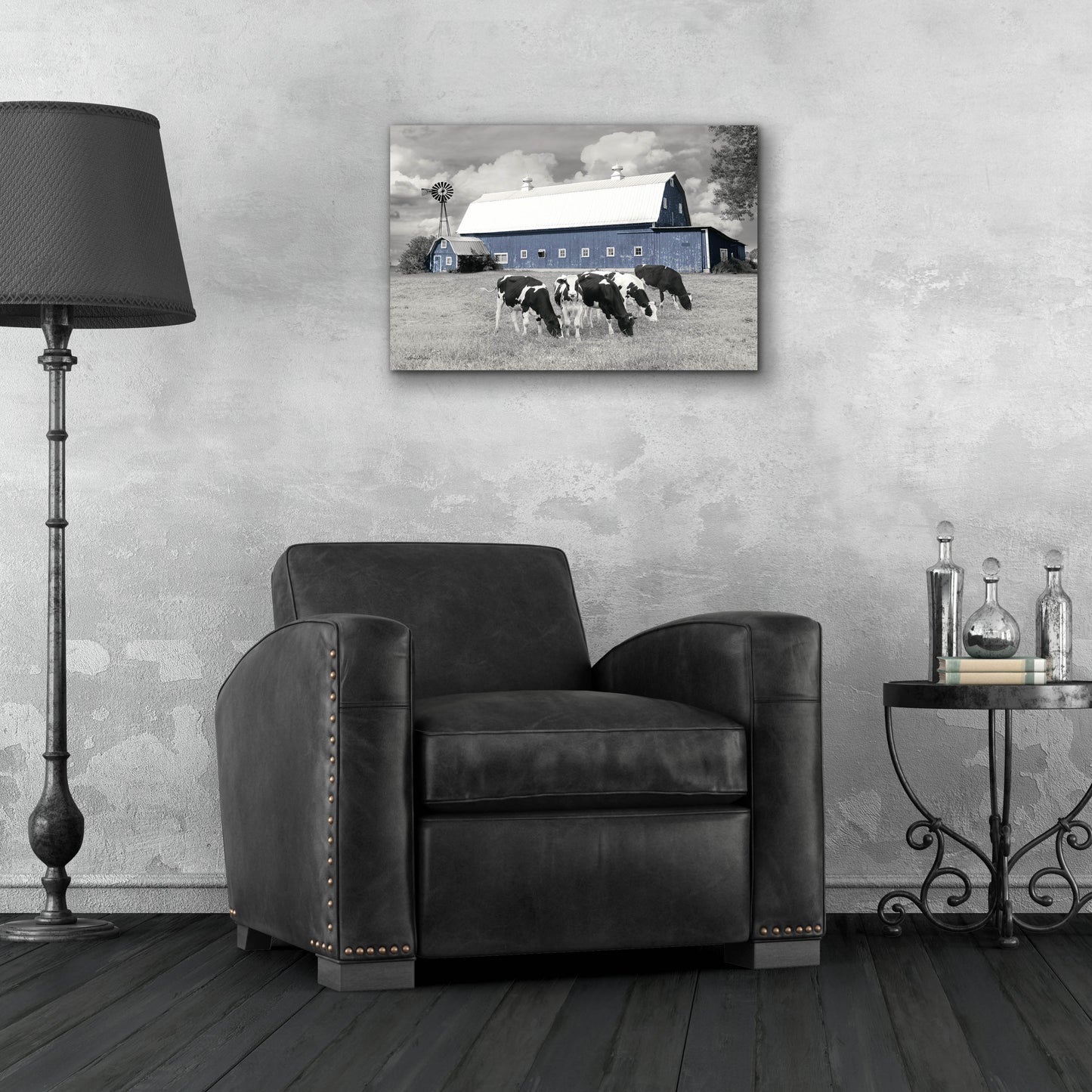 Epic Art 'Blue Barn with Cows' by Lori Deiter, Acrylic Glass Wall Art,24x16