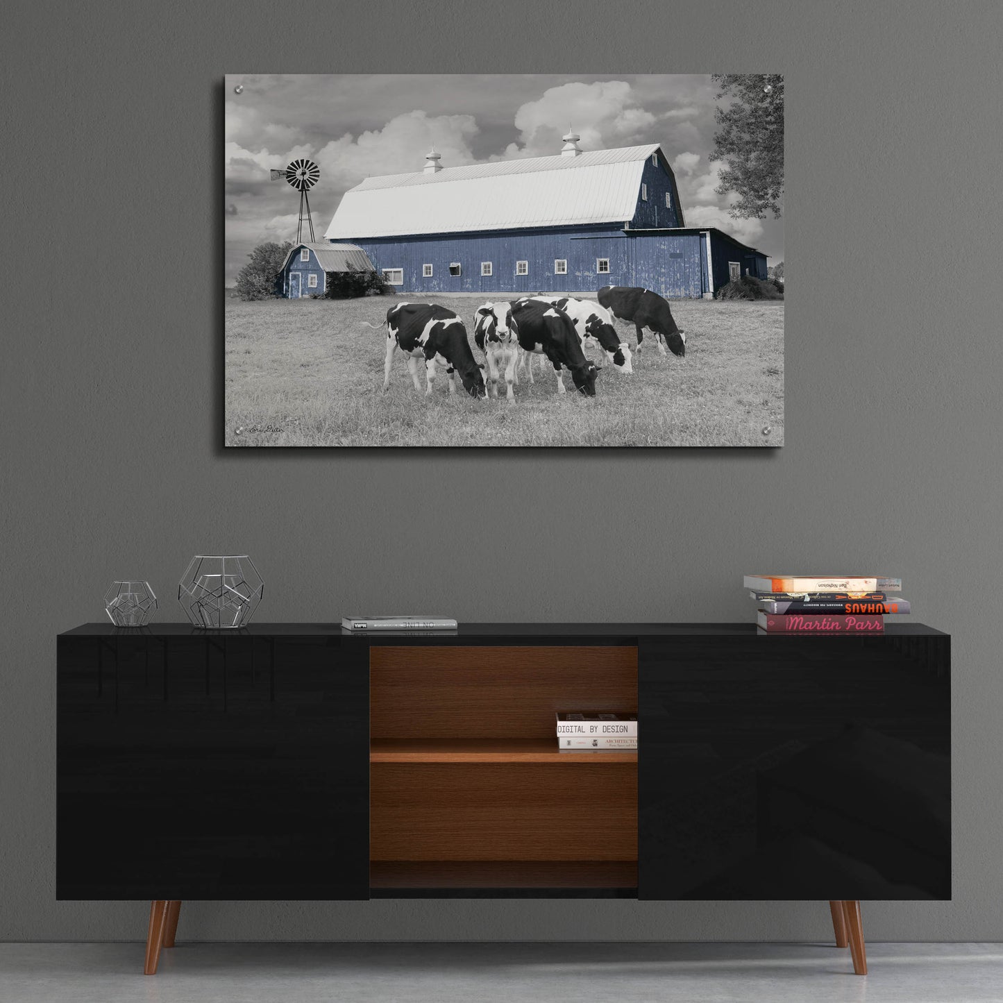 Epic Art 'Blue Barn with Cows' by Lori Deiter, Acrylic Glass Wall Art,36x24