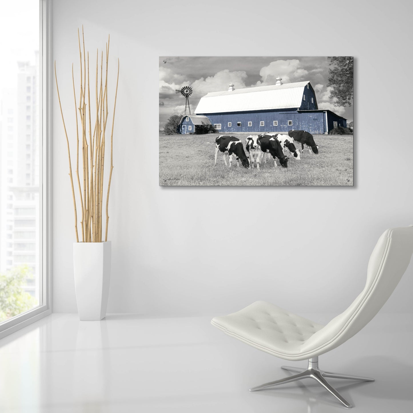 Epic Art 'Blue Barn with Cows' by Lori Deiter, Acrylic Glass Wall Art,36x24