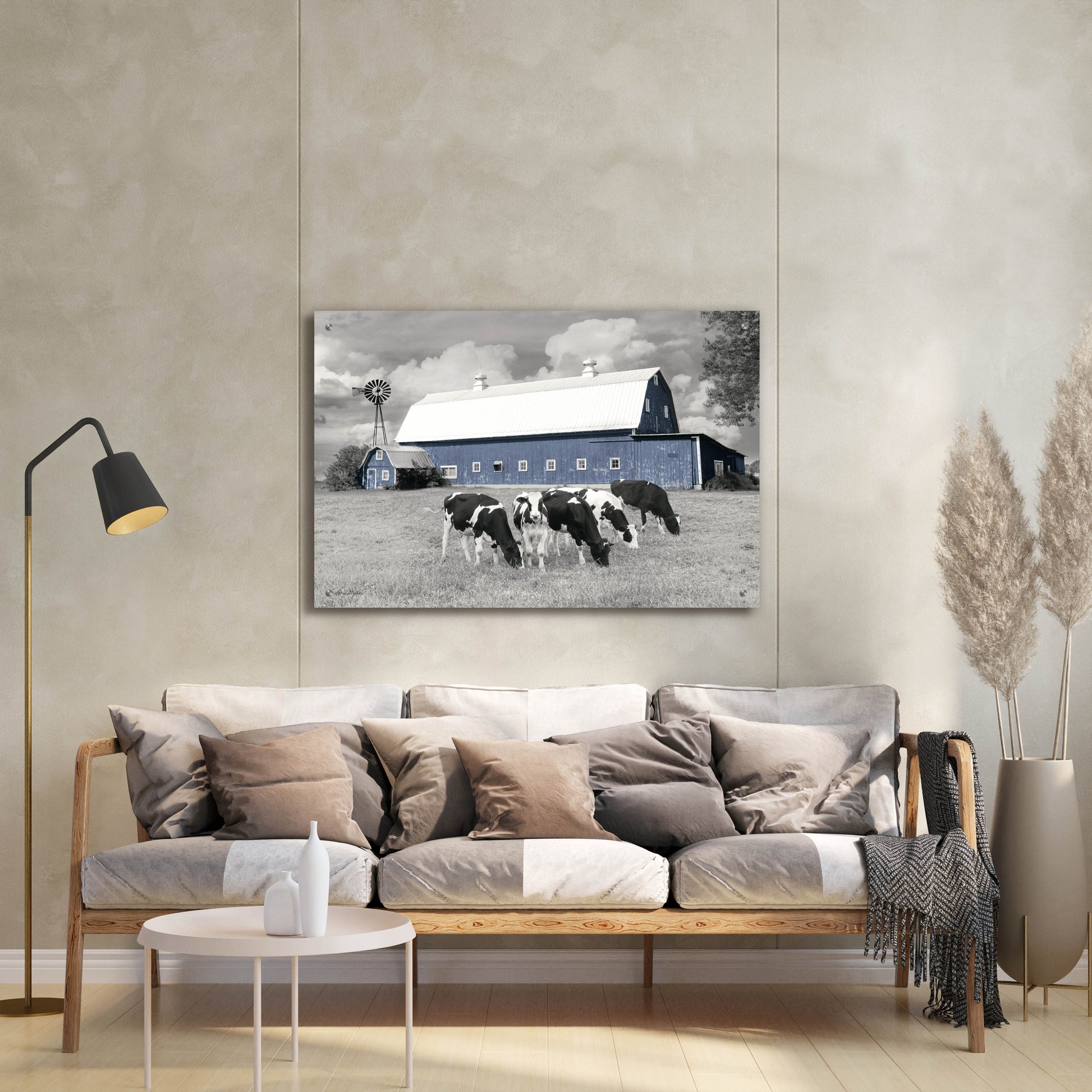 Epic Art 'Blue Barn with Cows' by Lori Deiter, Acrylic Glass Wall Art,36x24