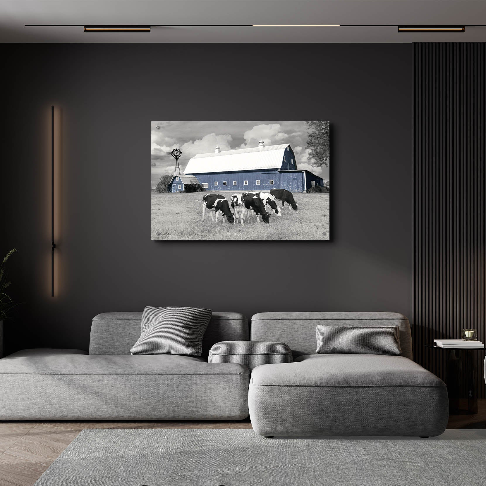 Epic Art 'Blue Barn with Cows' by Lori Deiter, Acrylic Glass Wall Art,36x24