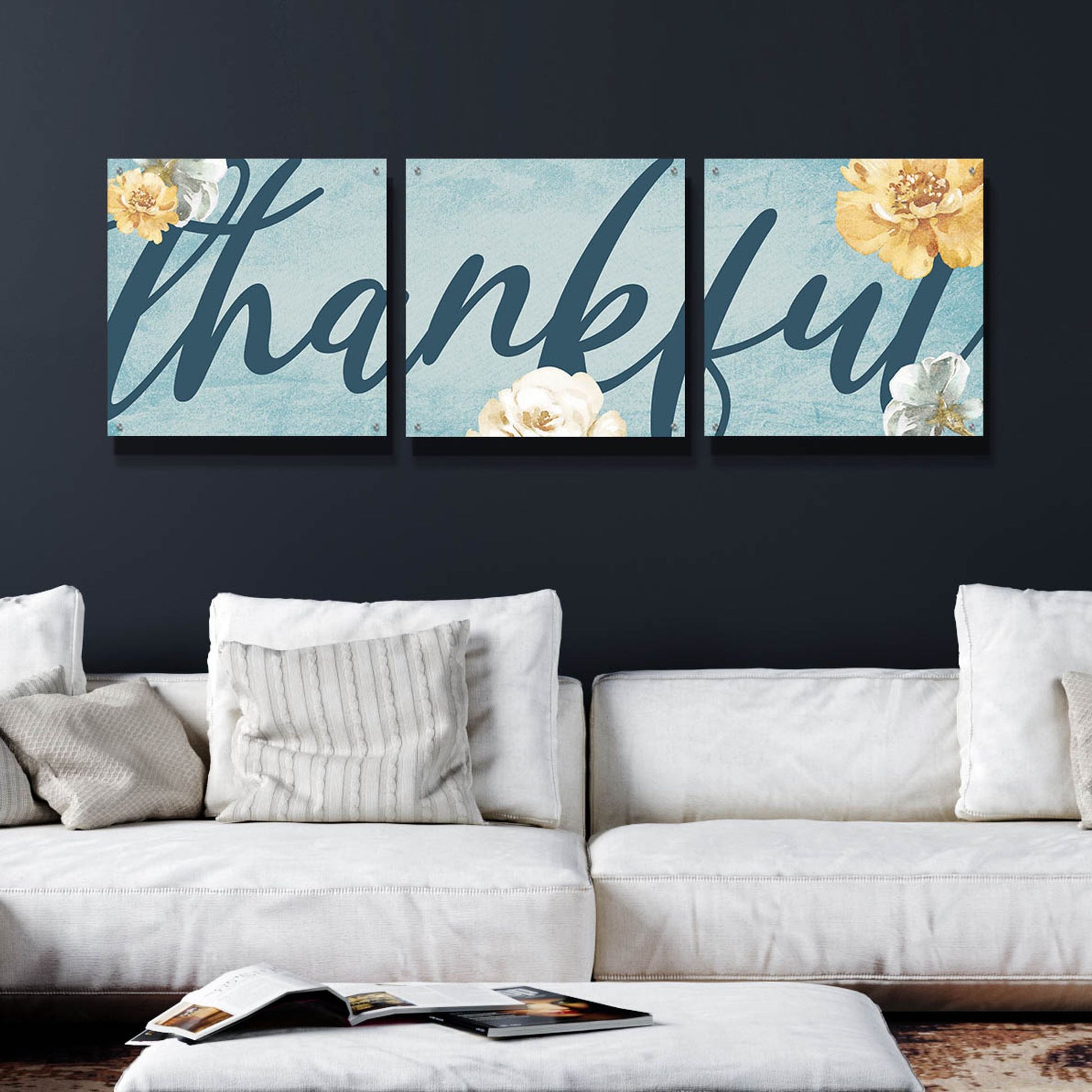 Epic Art 'Thankful' by Yass Naffas Designs, Acrylic Glass Wall Art, 3 Piece Set,72x24