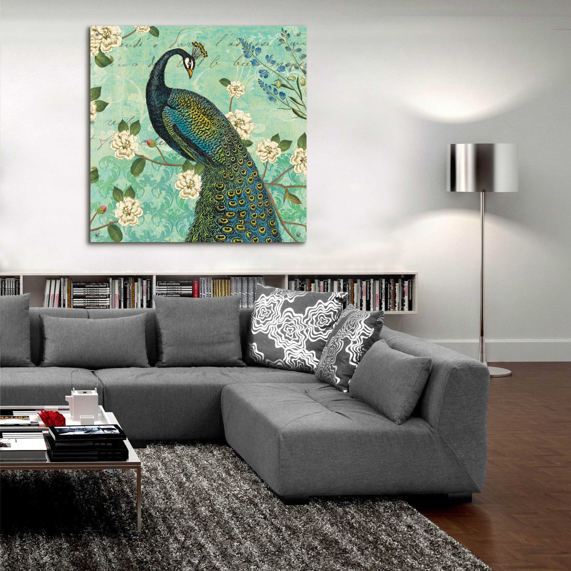 Epic Art 'Peacock Arbor VI Blue' by Sue Schlabach, Acrylic Glass Wall Art,36x36