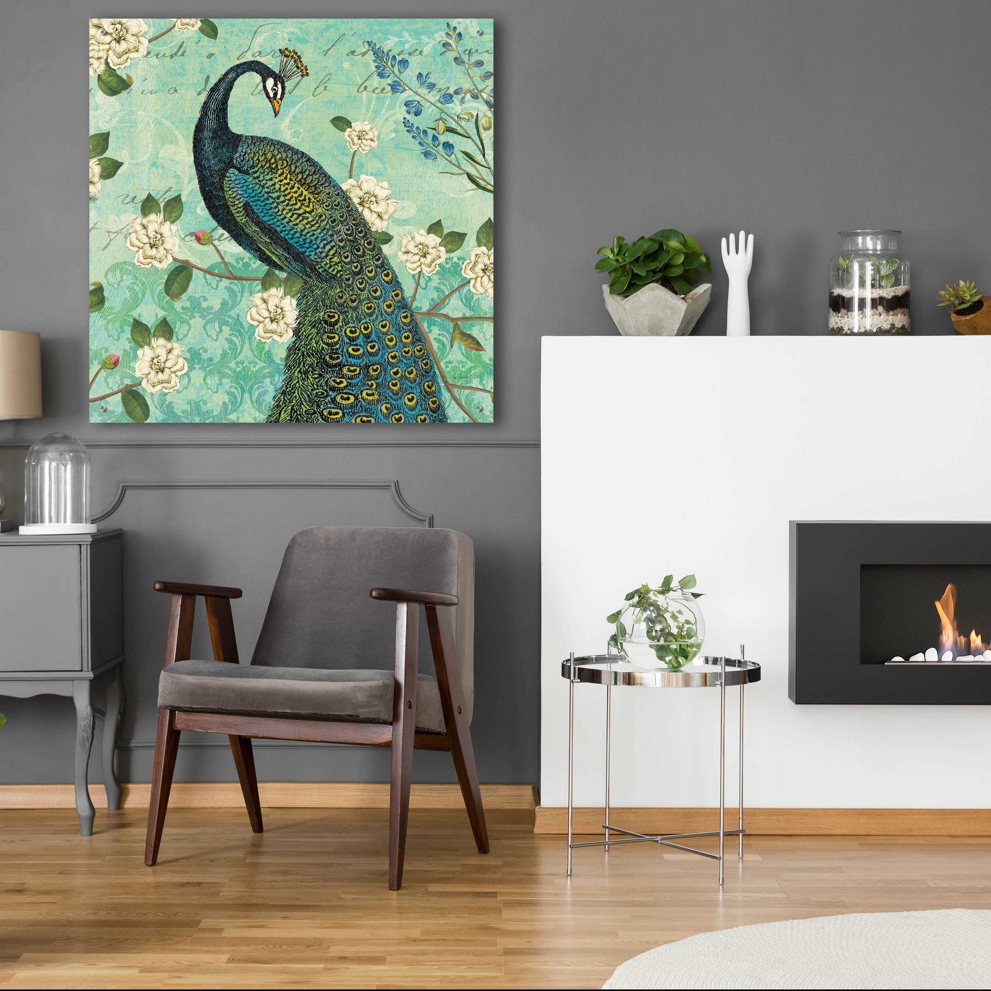 Epic Art 'Peacock Arbor VI Blue' by Sue Schlabach, Acrylic Glass Wall Art,36x36