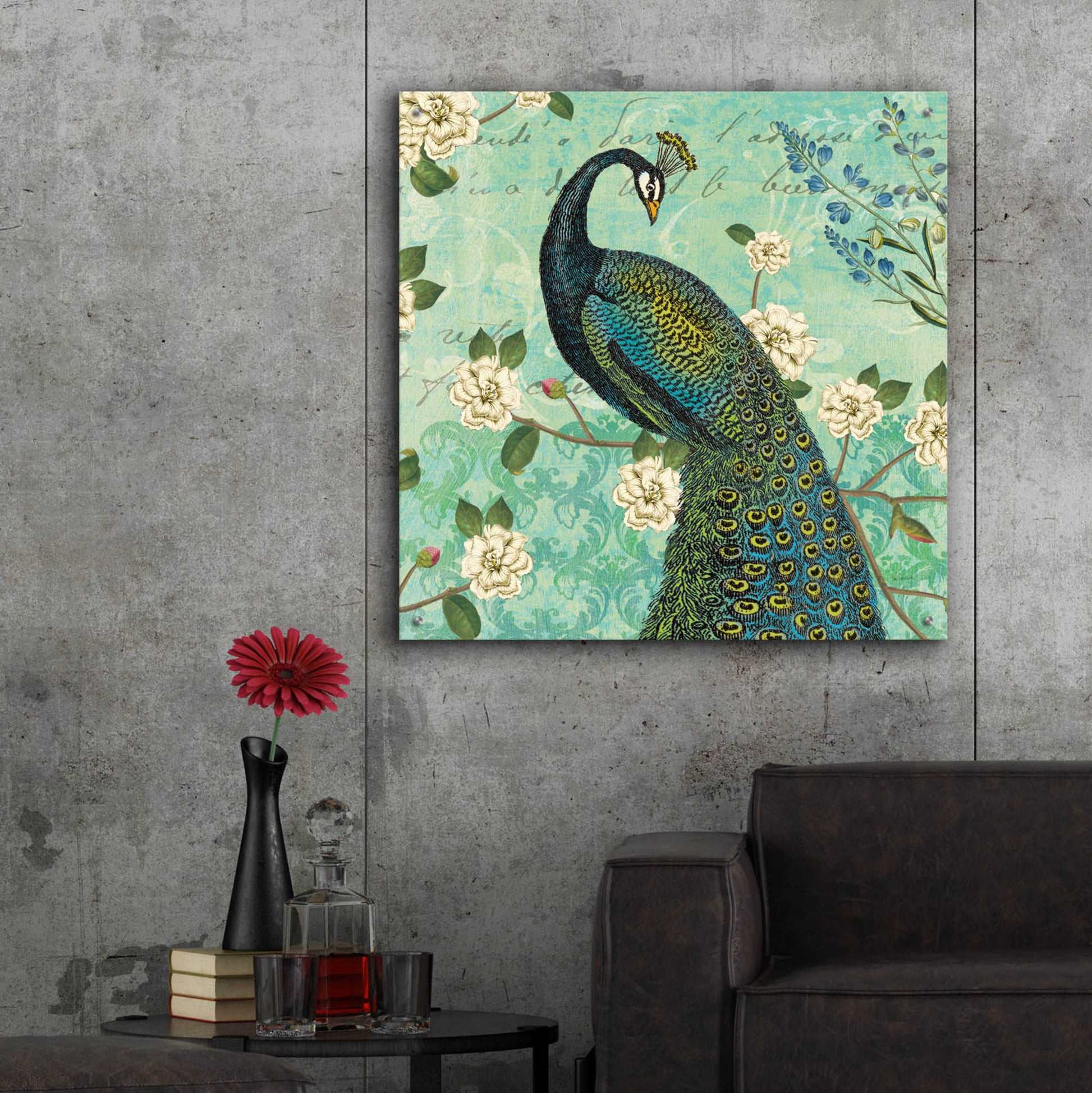 Epic Art 'Peacock Arbor VI Blue' by Sue Schlabach, Acrylic Glass Wall Art,36x36