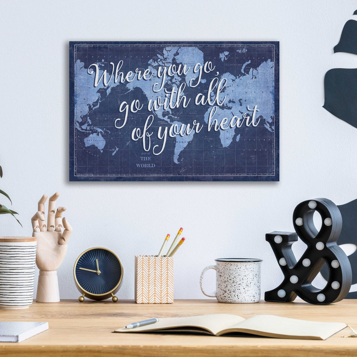 Epic Art 'Blueprint World Map Heart' by Sue Schlabach, Acrylic Glass Wall Art,16x12
