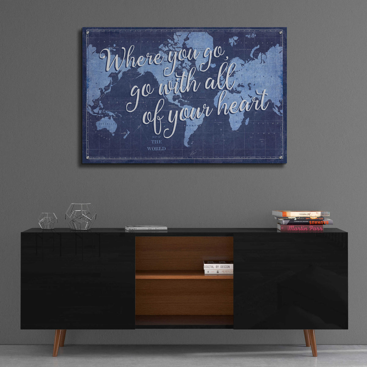 Epic Art 'Blueprint World Map Heart' by Sue Schlabach, Acrylic Glass Wall Art,36x24