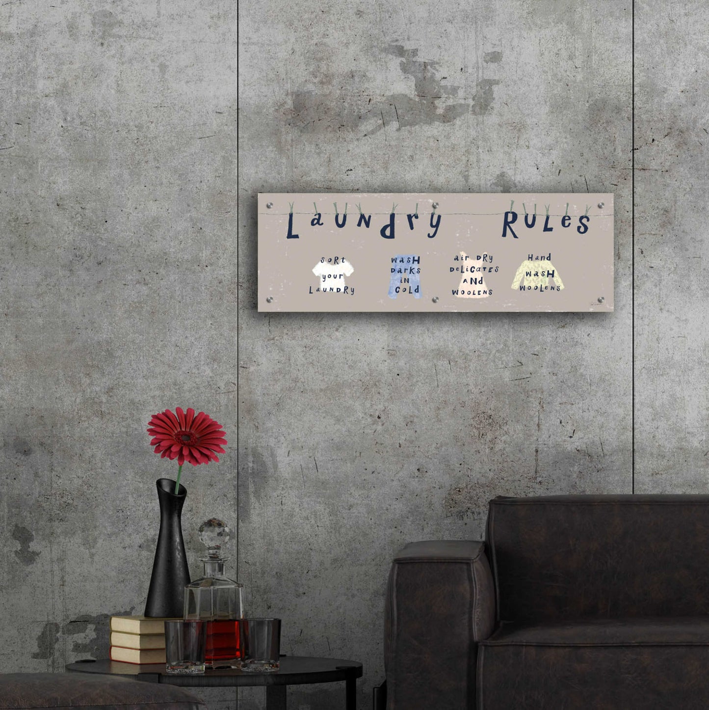 Epic Art 'Laundry Rules I Gray' by Sue Schlabach, Acrylic Glass Wall Art,36x12