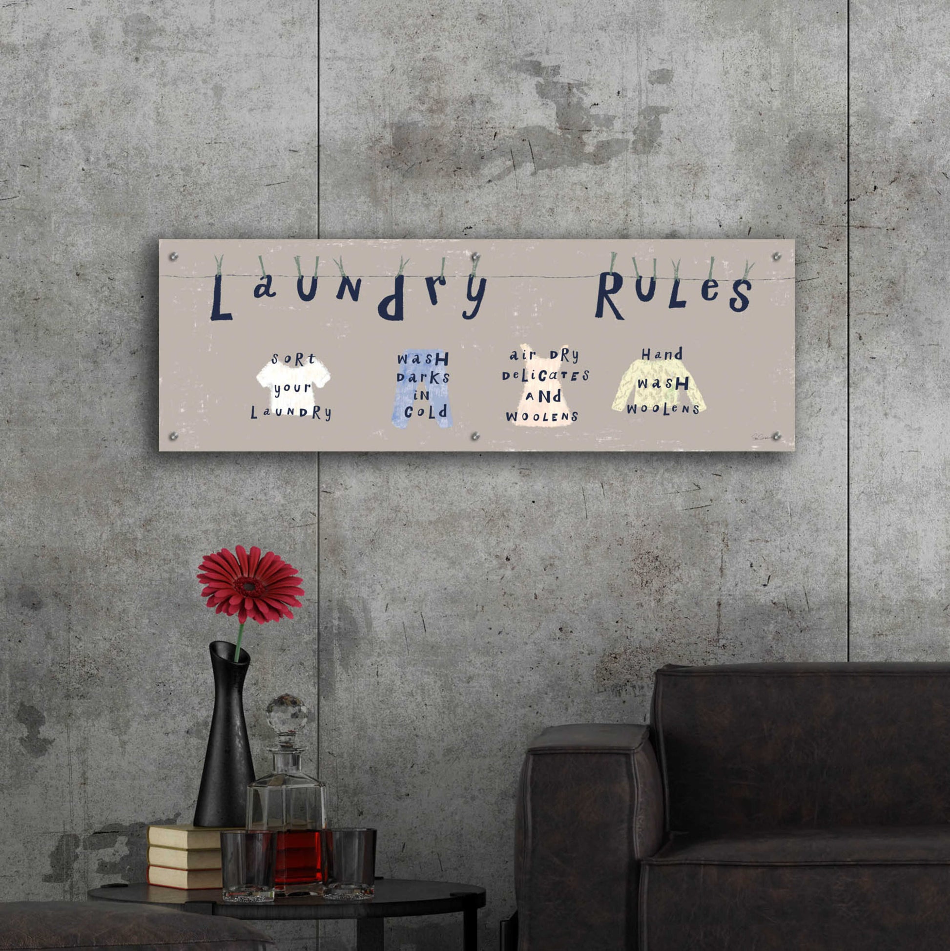 Epic Art 'Laundry Rules I Gray' by Sue Schlabach, Acrylic Glass Wall Art,48x16