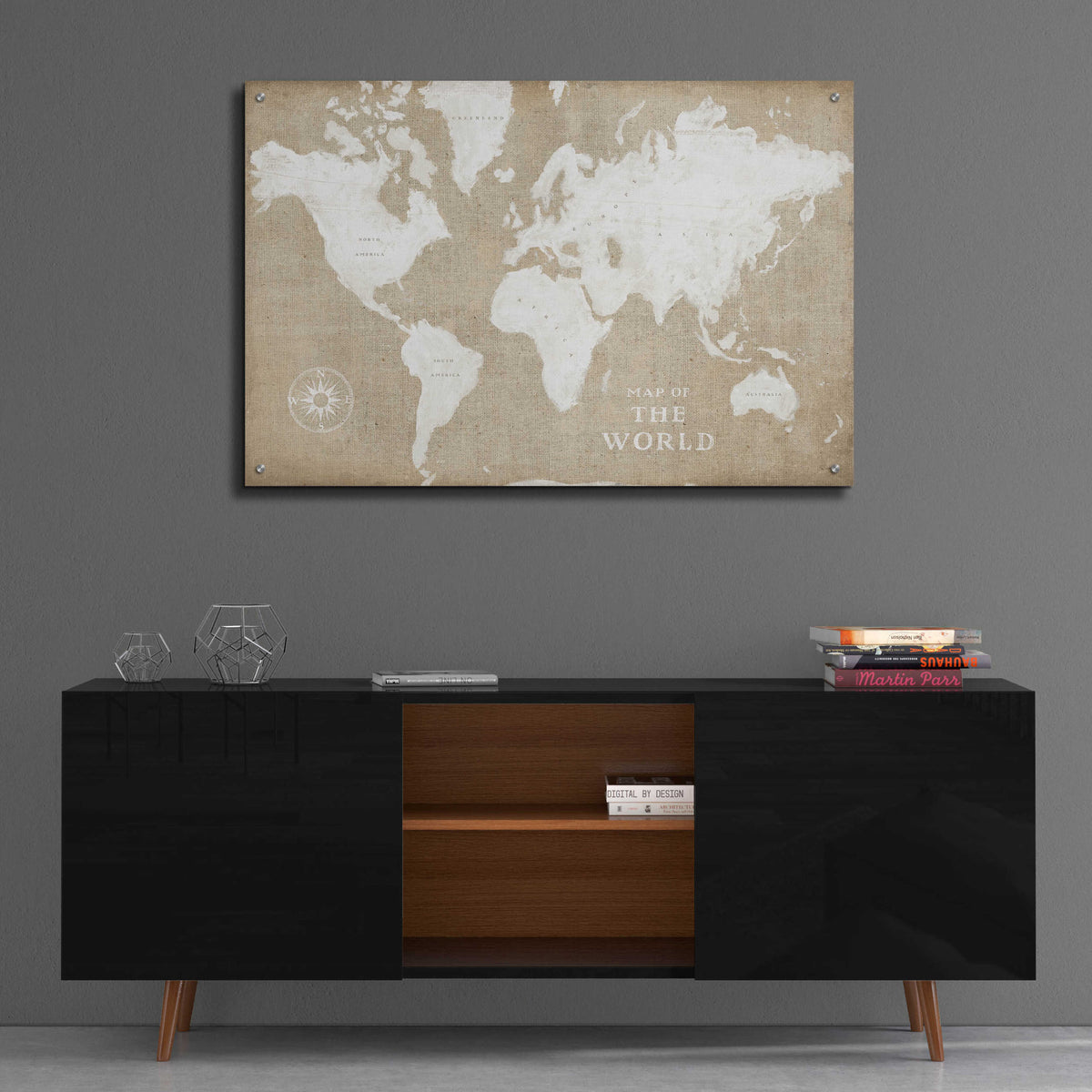 Epic Art 'Burlap World Map I' by Sue Schlabach, Acrylic Glass Wall Art,36x24