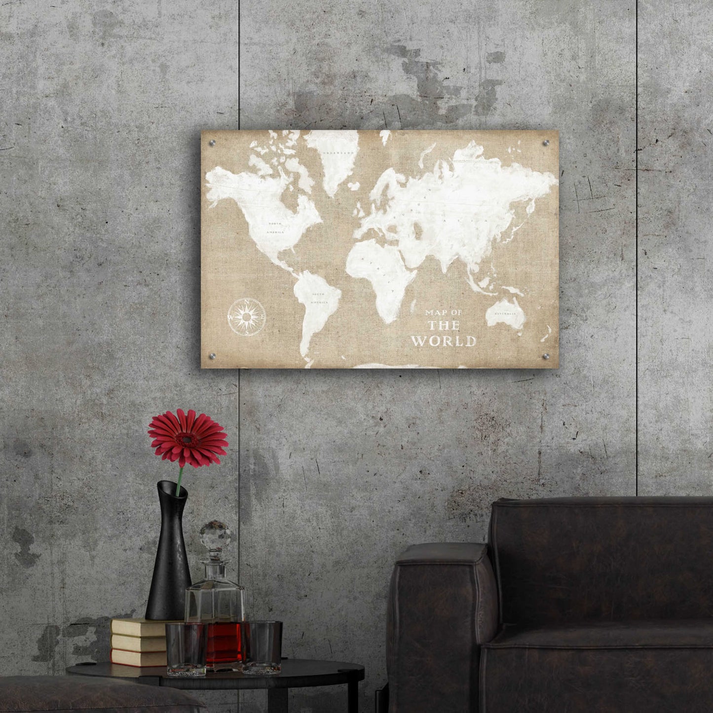 Epic Art 'Burlap World Map I' by Sue Schlabach, Acrylic Glass Wall Art,36x24