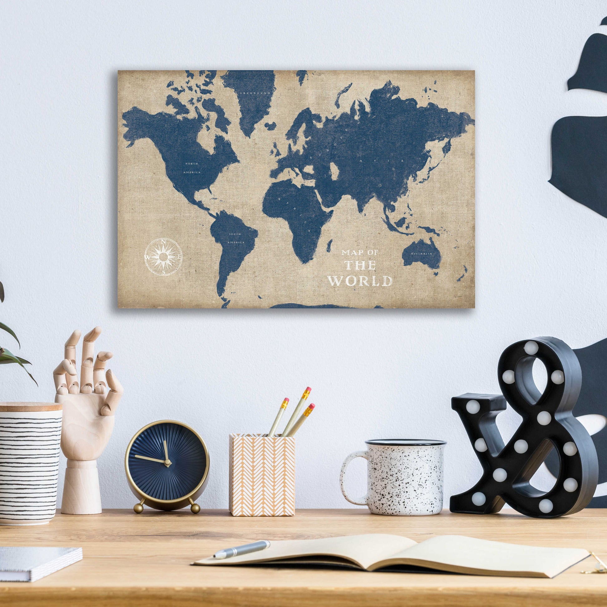 Epic Art 'Burlap World Map I Navy' by Sue Schlabach, Acrylic Glass Wall Art,16x12