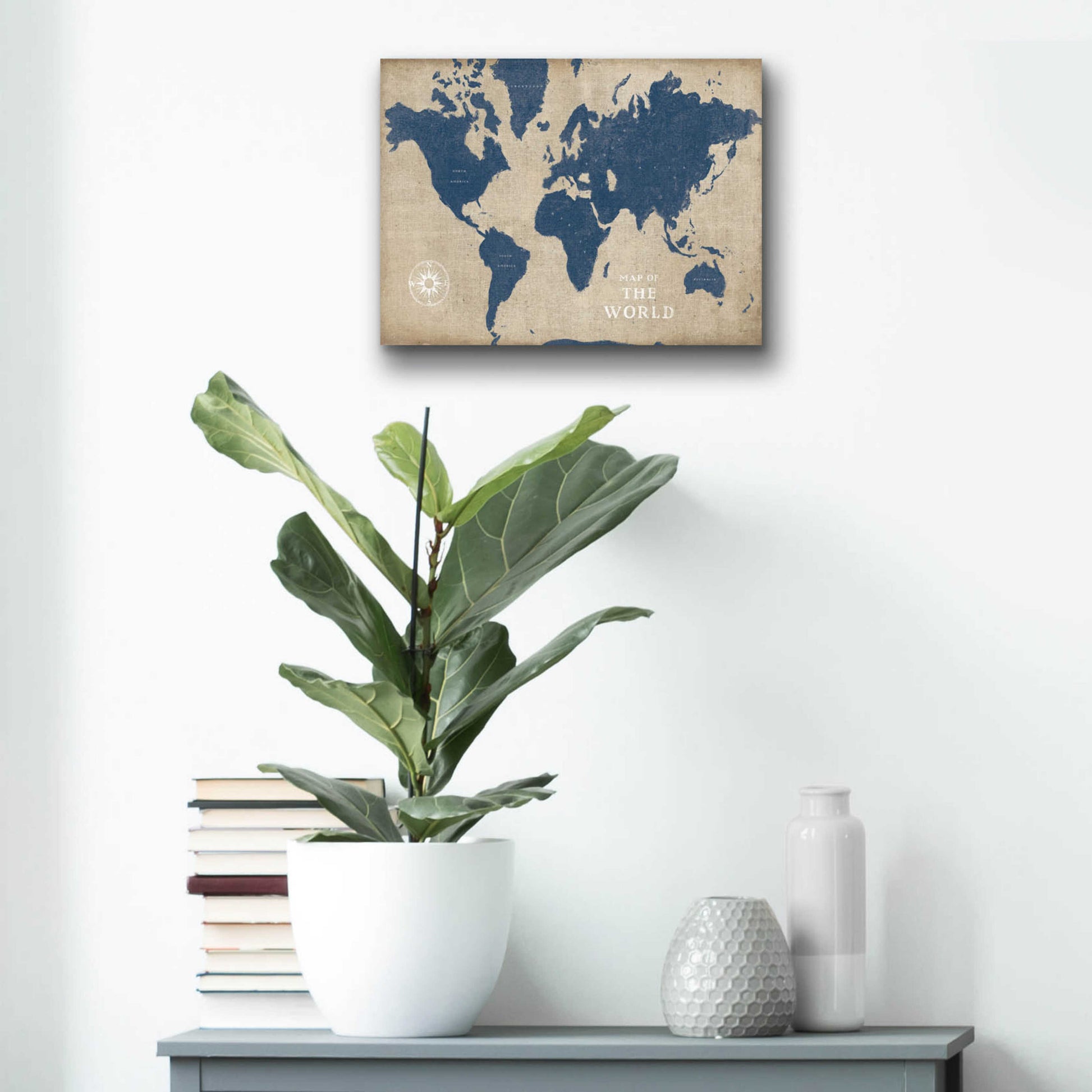 Epic Art 'Burlap World Map I Navy' by Sue Schlabach, Acrylic Glass Wall Art,16x12