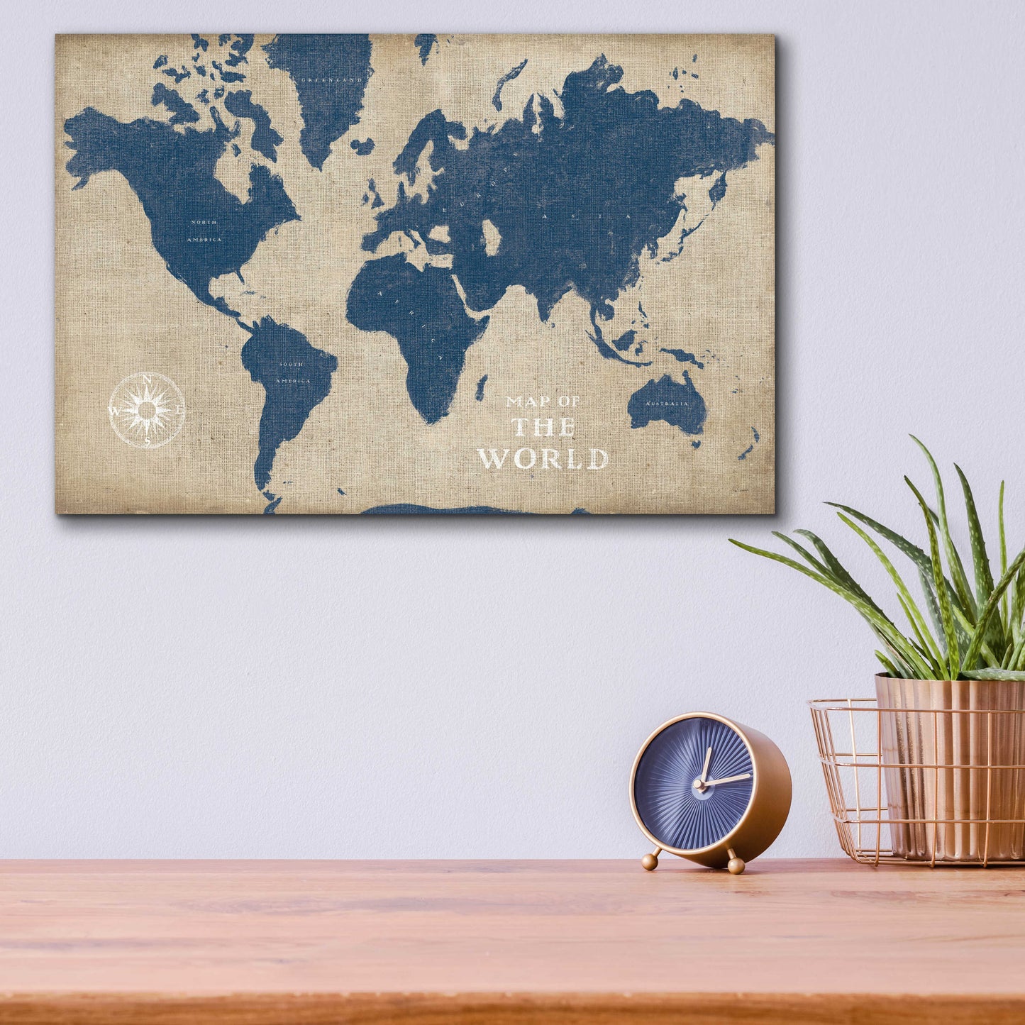 Epic Art 'Burlap World Map I Navy' by Sue Schlabach, Acrylic Glass Wall Art,16x12