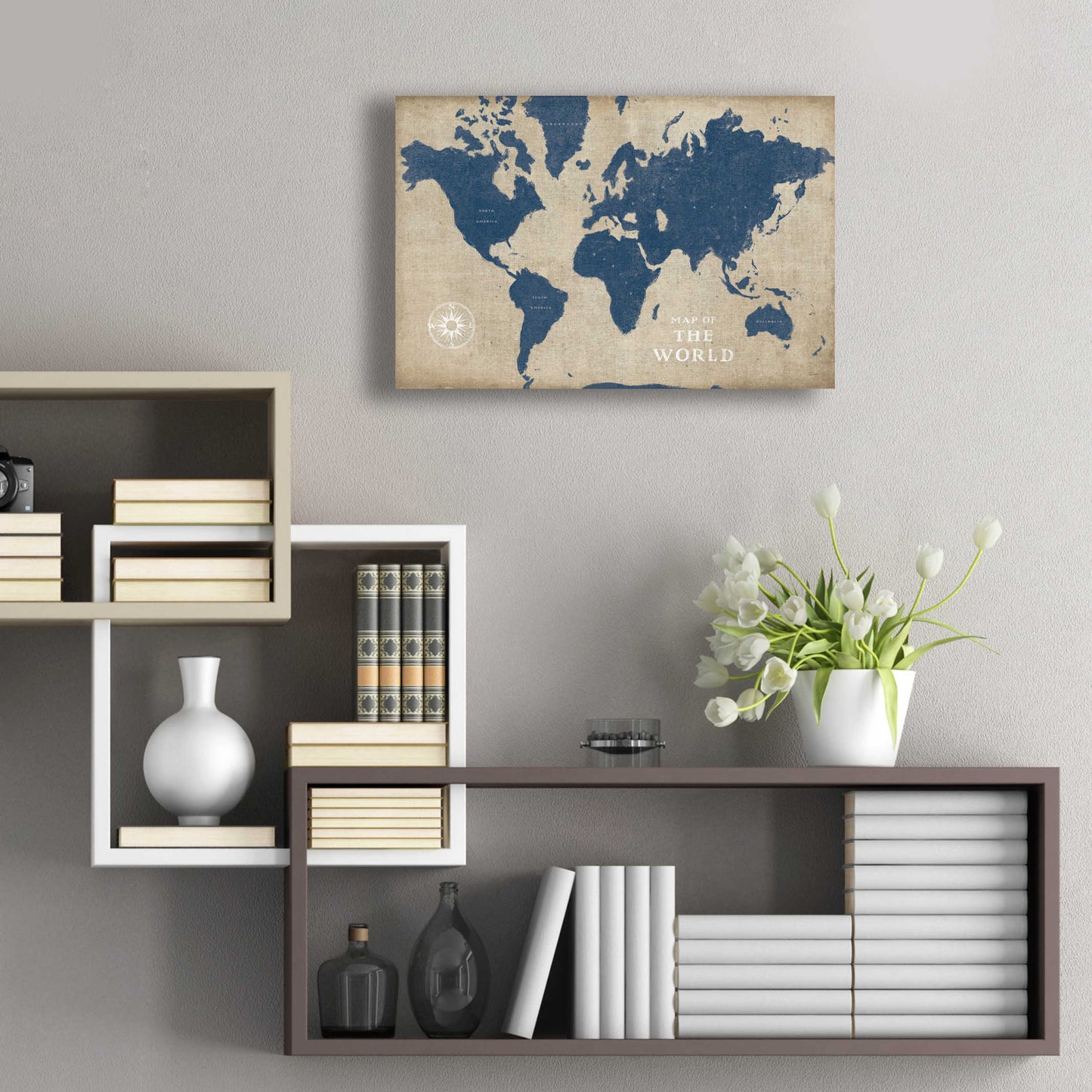 Epic Art 'Burlap World Map I Navy' by Sue Schlabach, Acrylic Glass Wall Art,24x16