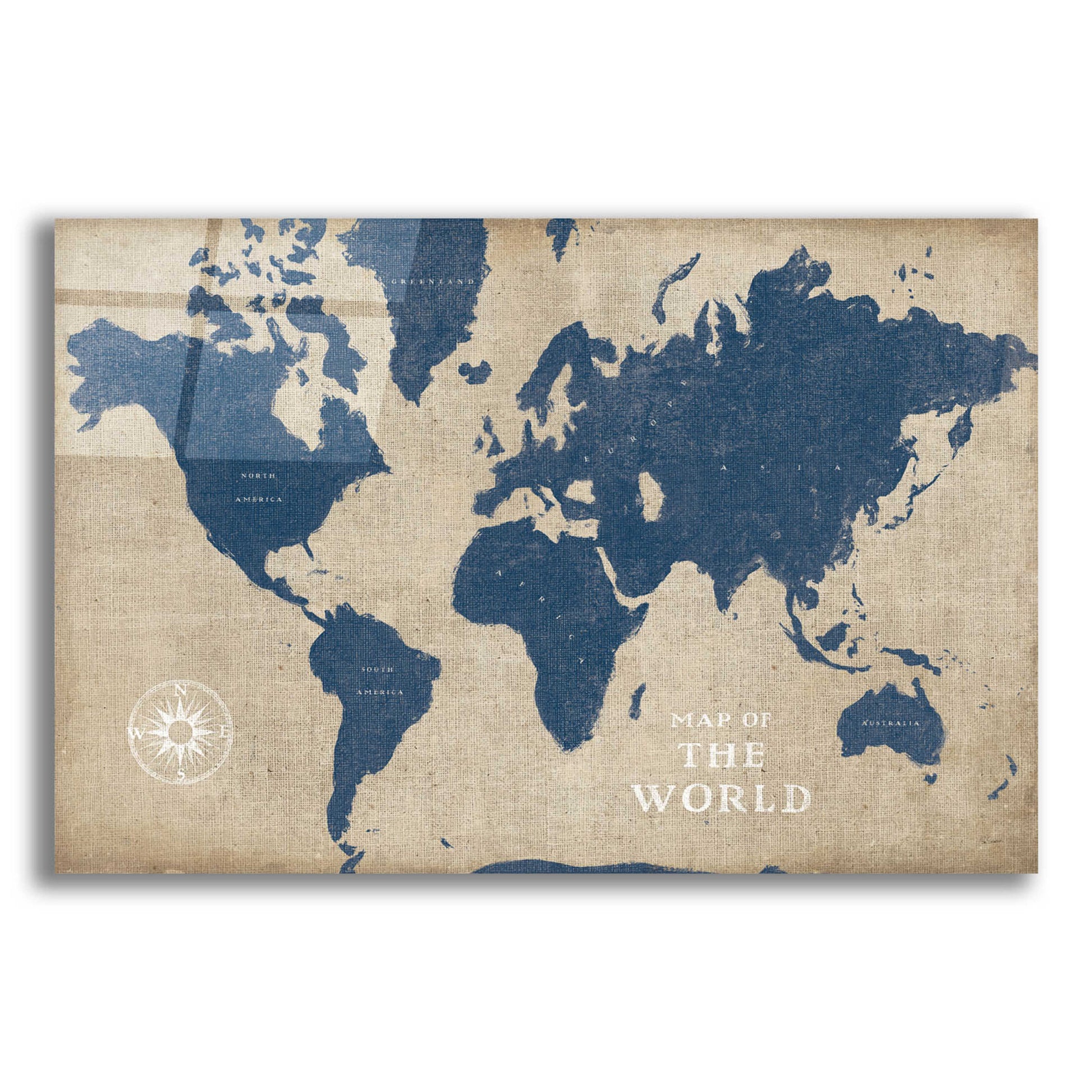 Epic Art 'Burlap World Map I Navy' by Sue Schlabach, Acrylic Glass Wall Art,24x16