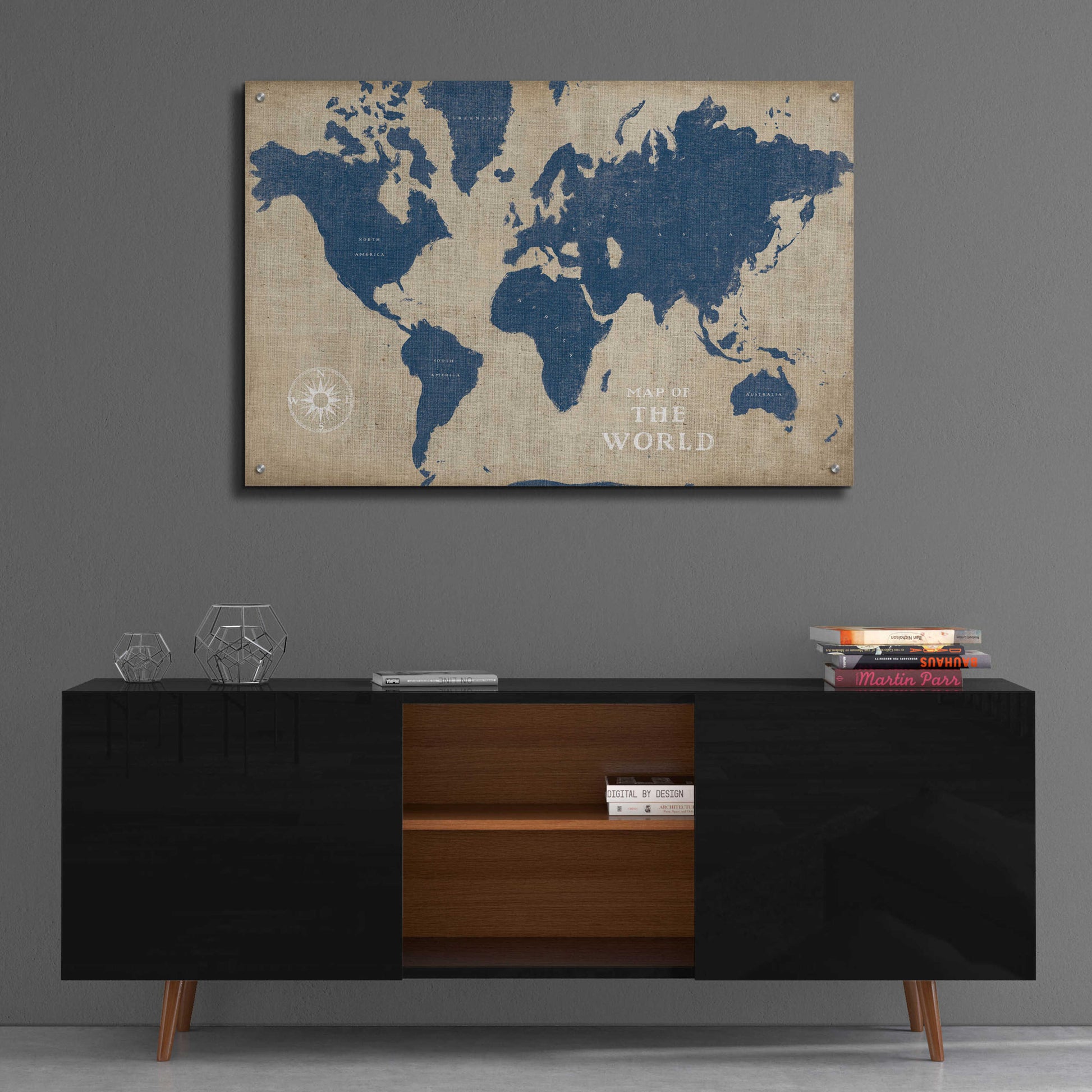 Epic Art 'Burlap World Map I Navy' by Sue Schlabach, Acrylic Glass Wall Art,36x24