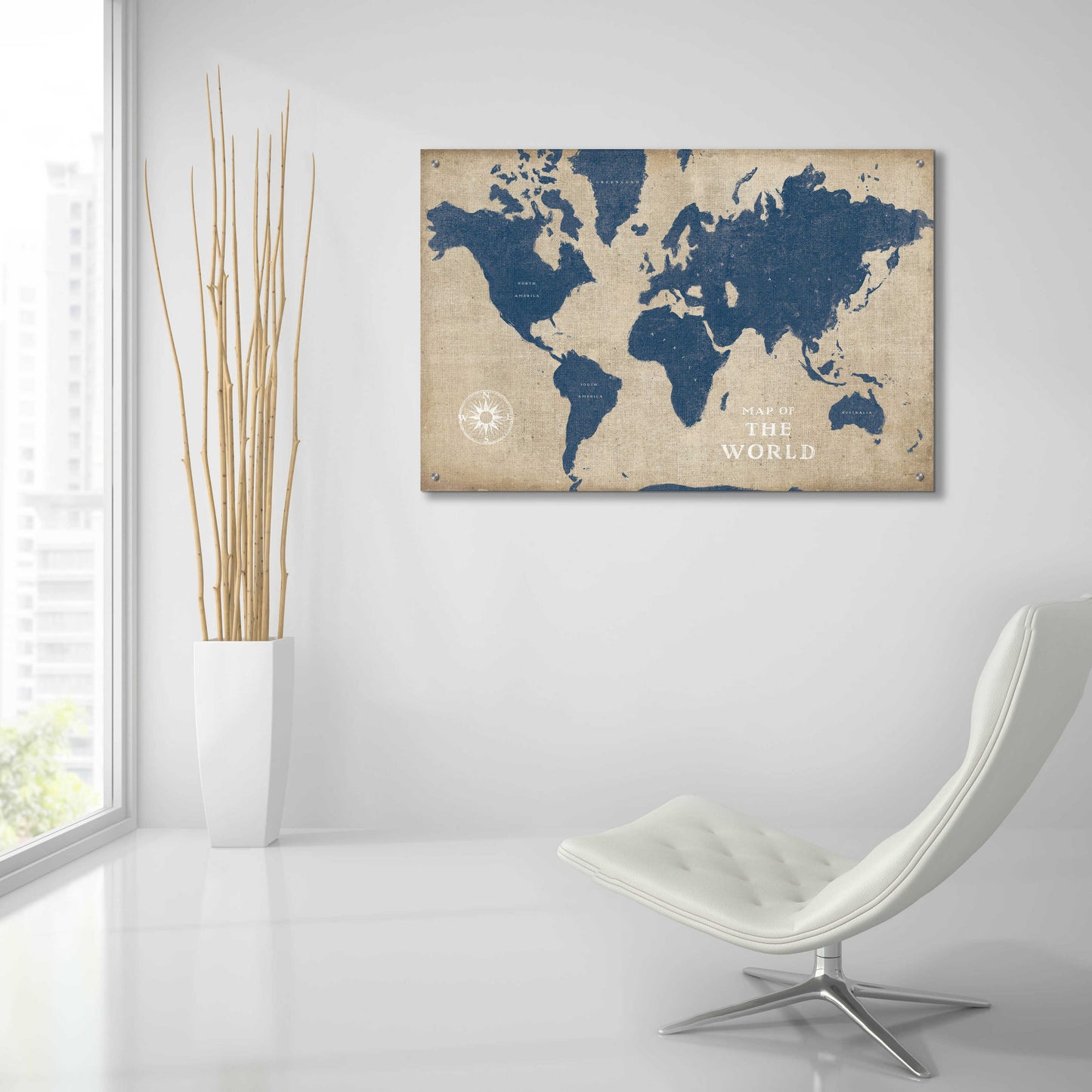 Epic Art 'Burlap World Map I Navy' by Sue Schlabach, Acrylic Glass Wall Art,36x24