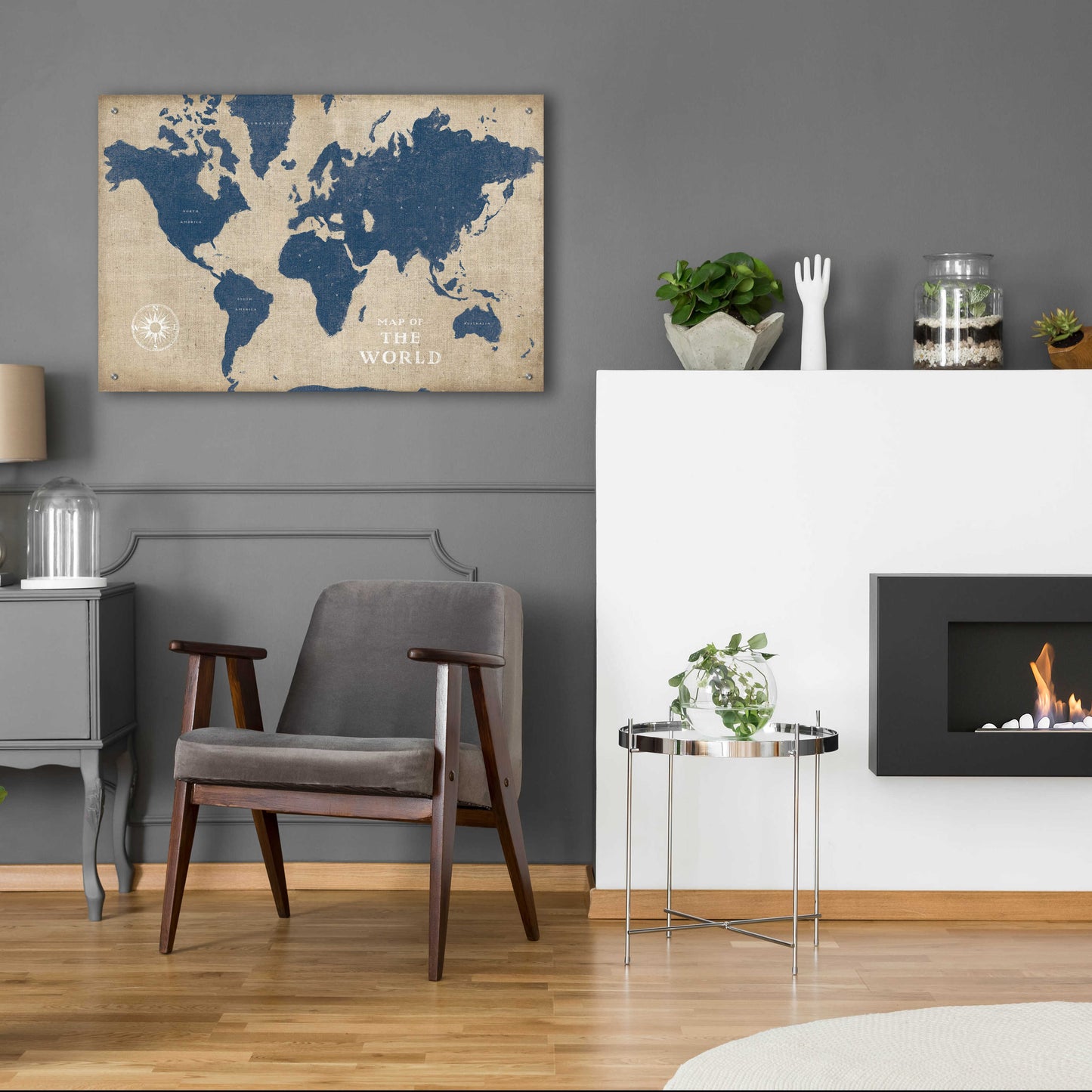 Epic Art 'Burlap World Map I Navy' by Sue Schlabach, Acrylic Glass Wall Art,36x24