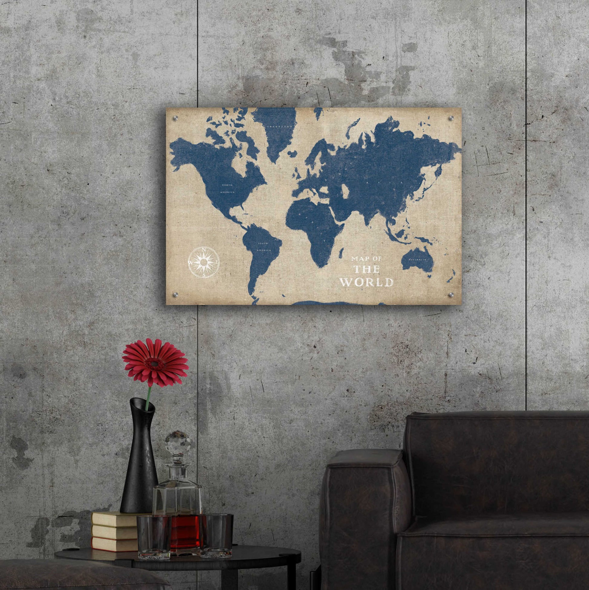 Epic Art 'Burlap World Map I Navy' by Sue Schlabach, Acrylic Glass Wall Art,36x24