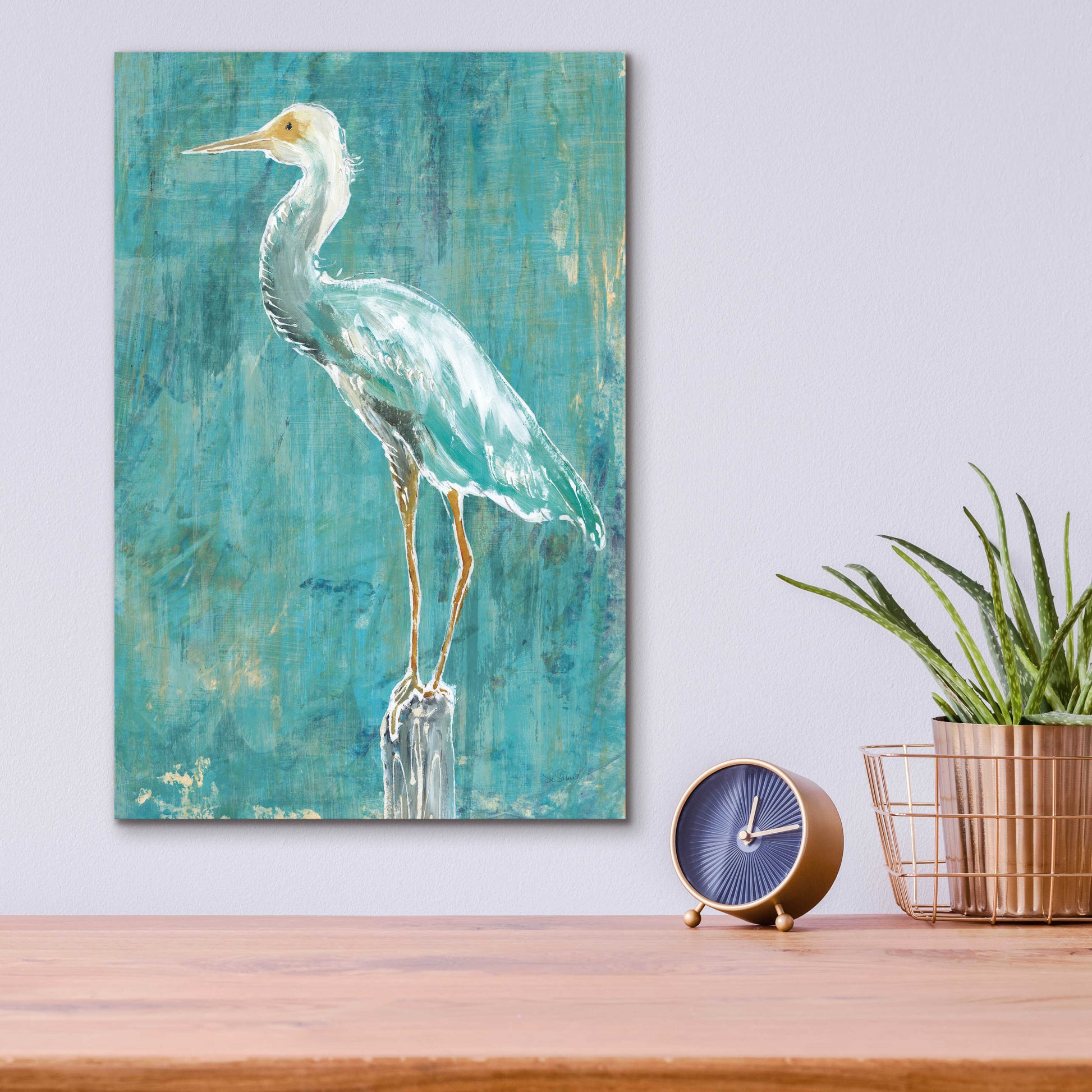 Epic Art 'Coastal Egret II Dark' by Sue Schlabach, Acrylic Glass Wall Art,12x16