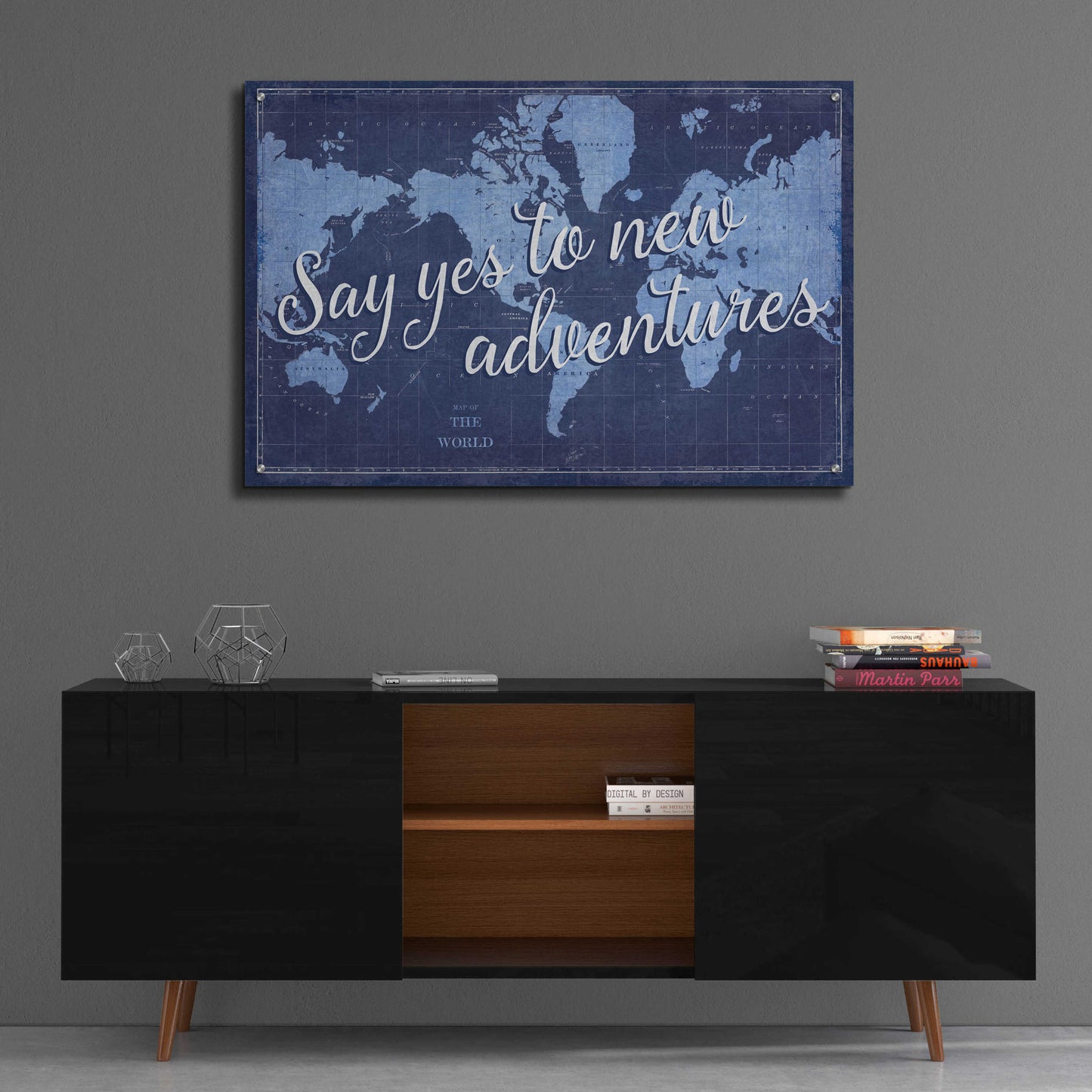 Epic Art 'Blueprint World Map Say Yes' by Sue Schlabach, Acrylic Glass Wall Art,36x24