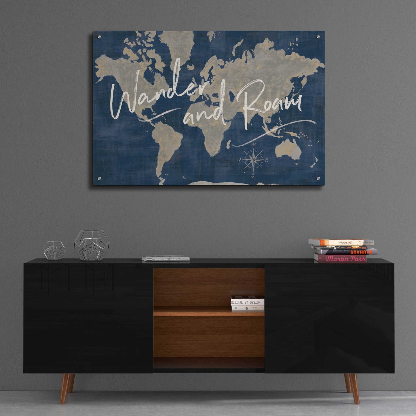 Epic Art 'World Map Collage Deep Wander' by Sue Schlabach, Acrylic Glass Wall Art,36x24