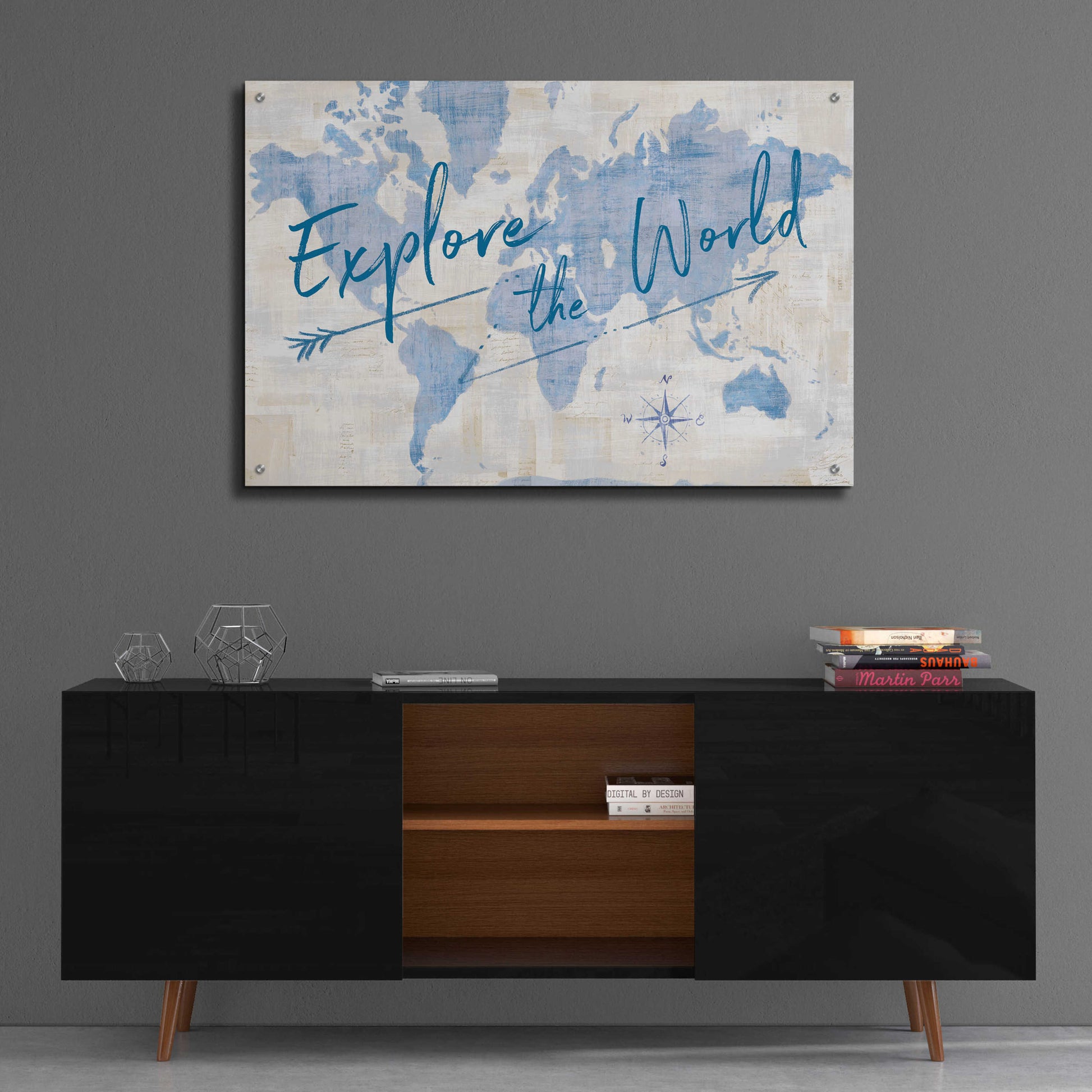 Epic Art 'World Map Collage Explore' by Sue Schlabach, Acrylic Glass Wall Art,36x24