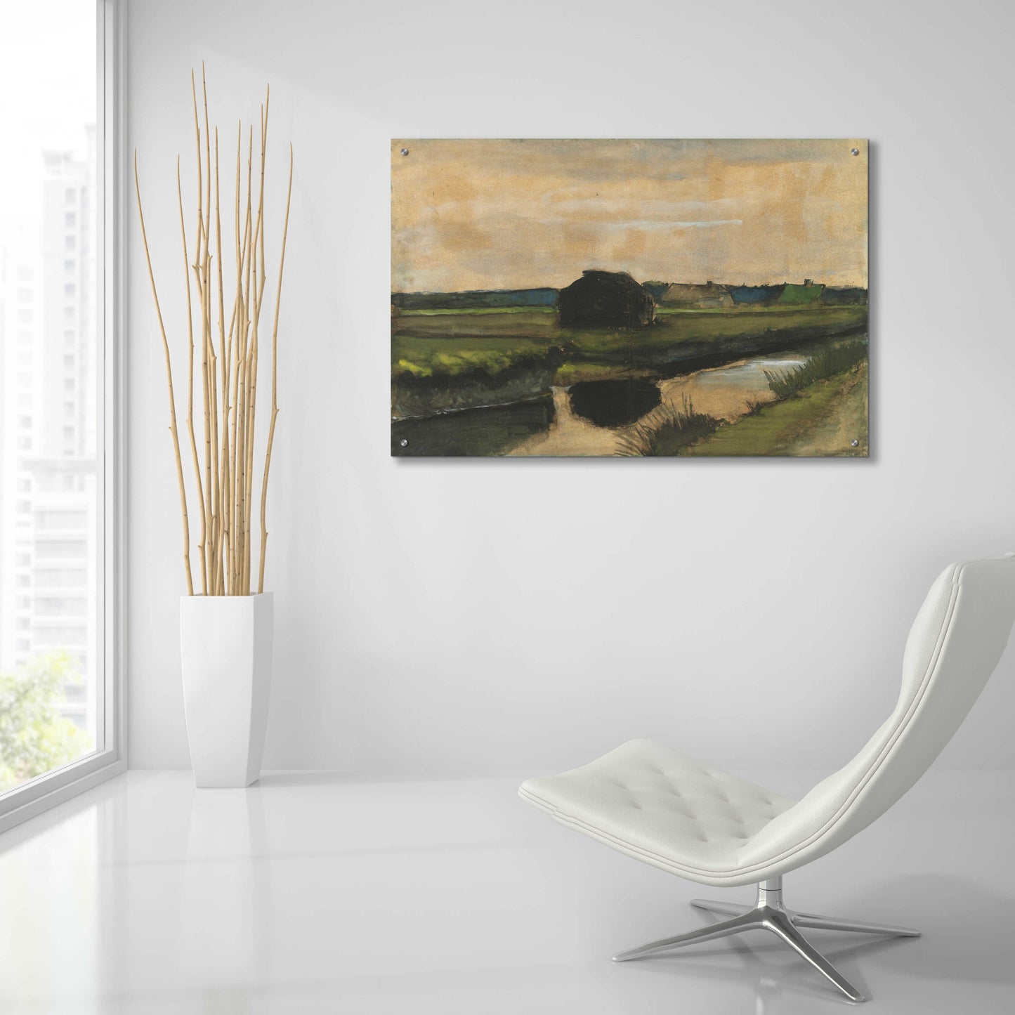 Epic Art 'Landscape With A Stack Of Peat And Farmhouses' by Vincent Van Gogh, Acrylic Glass Wall Art,36x24