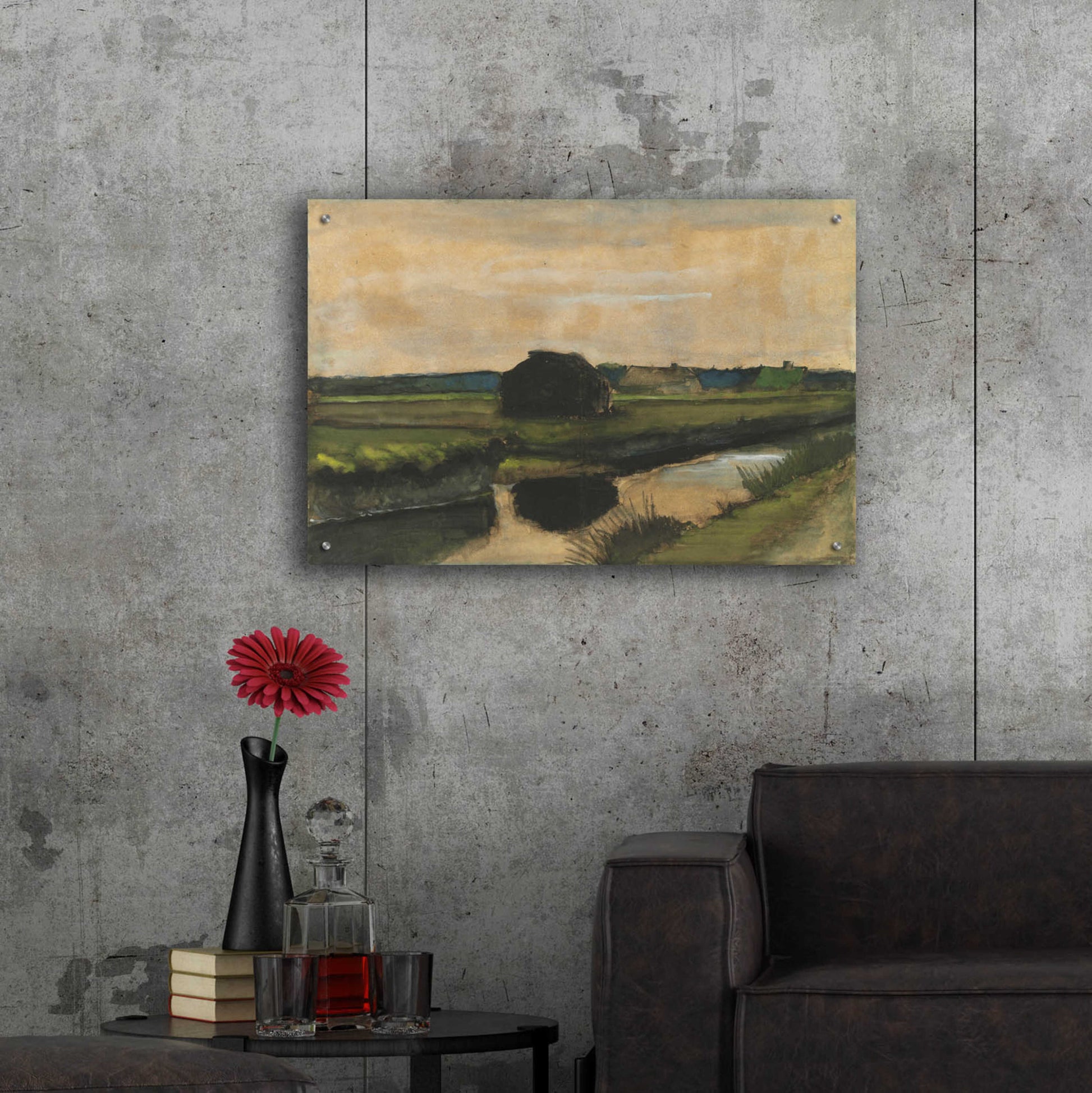 Epic Art 'Landscape With A Stack Of Peat And Farmhouses' by Vincent Van Gogh, Acrylic Glass Wall Art,36x24