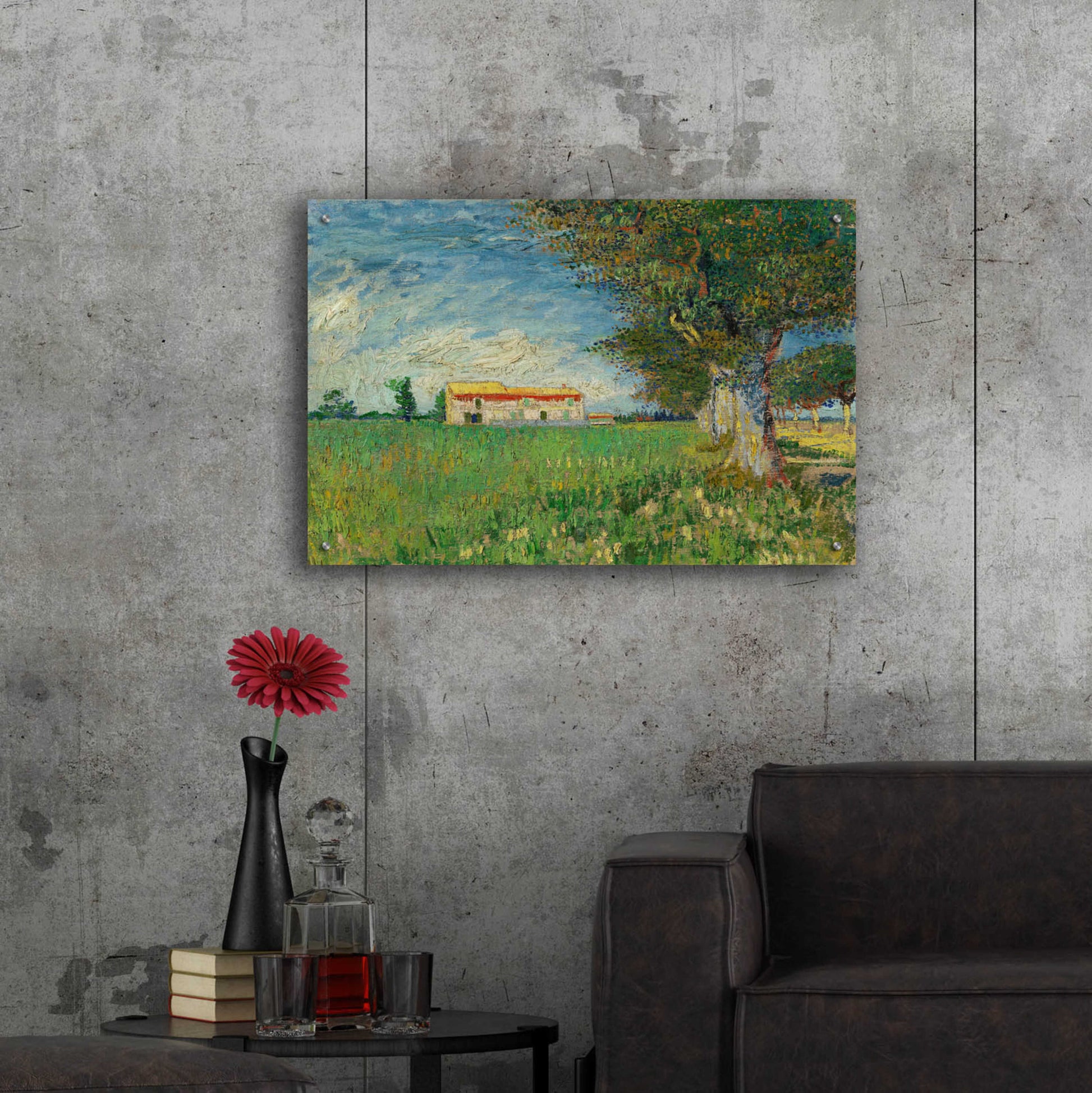 Epic Art 'Farmhouse In A Wheatfield' by Vincent Van Gogh, Acrylic Glass Wall Art,36x24
