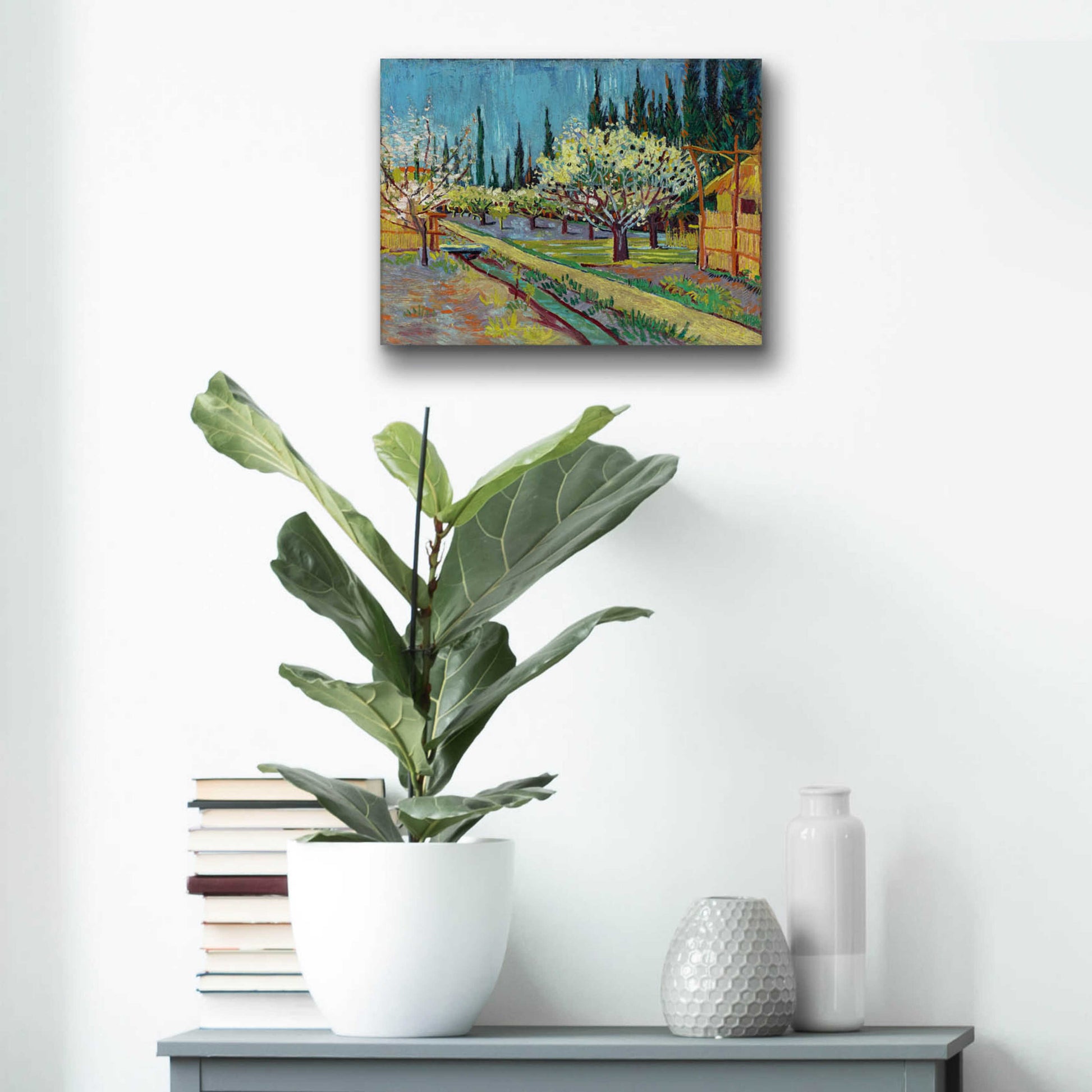 Epic Art 'Orchard Bordered By Cypresses' by Vincent Van Gogh, Acrylic Glass Wall Art,16x12