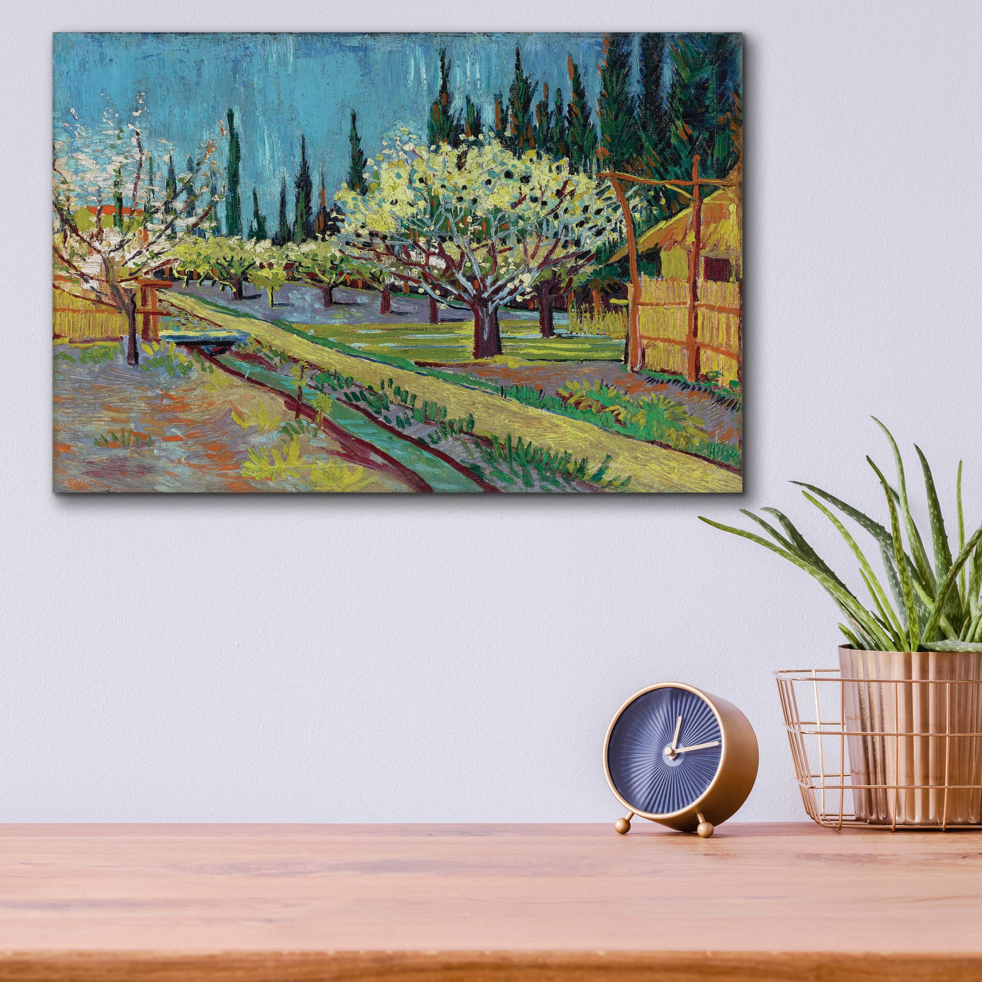 Epic Art 'Orchard Bordered By Cypresses' by Vincent Van Gogh, Acrylic Glass Wall Art,16x12