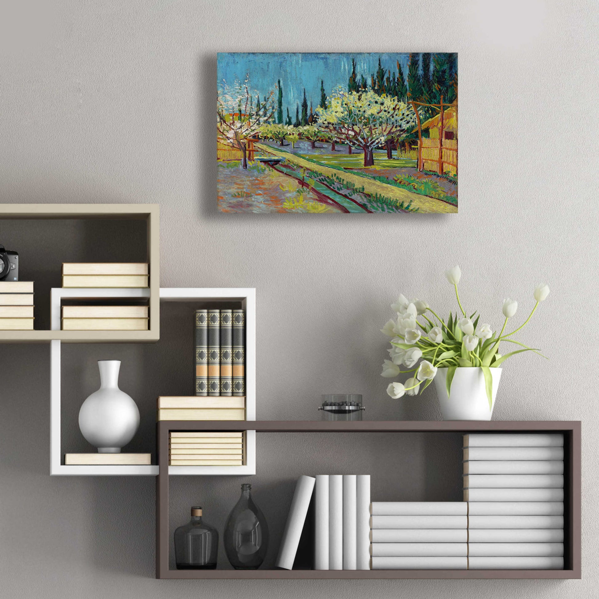 Epic Art 'Orchard Bordered By Cypresses' by Vincent Van Gogh, Acrylic Glass Wall Art,24x16