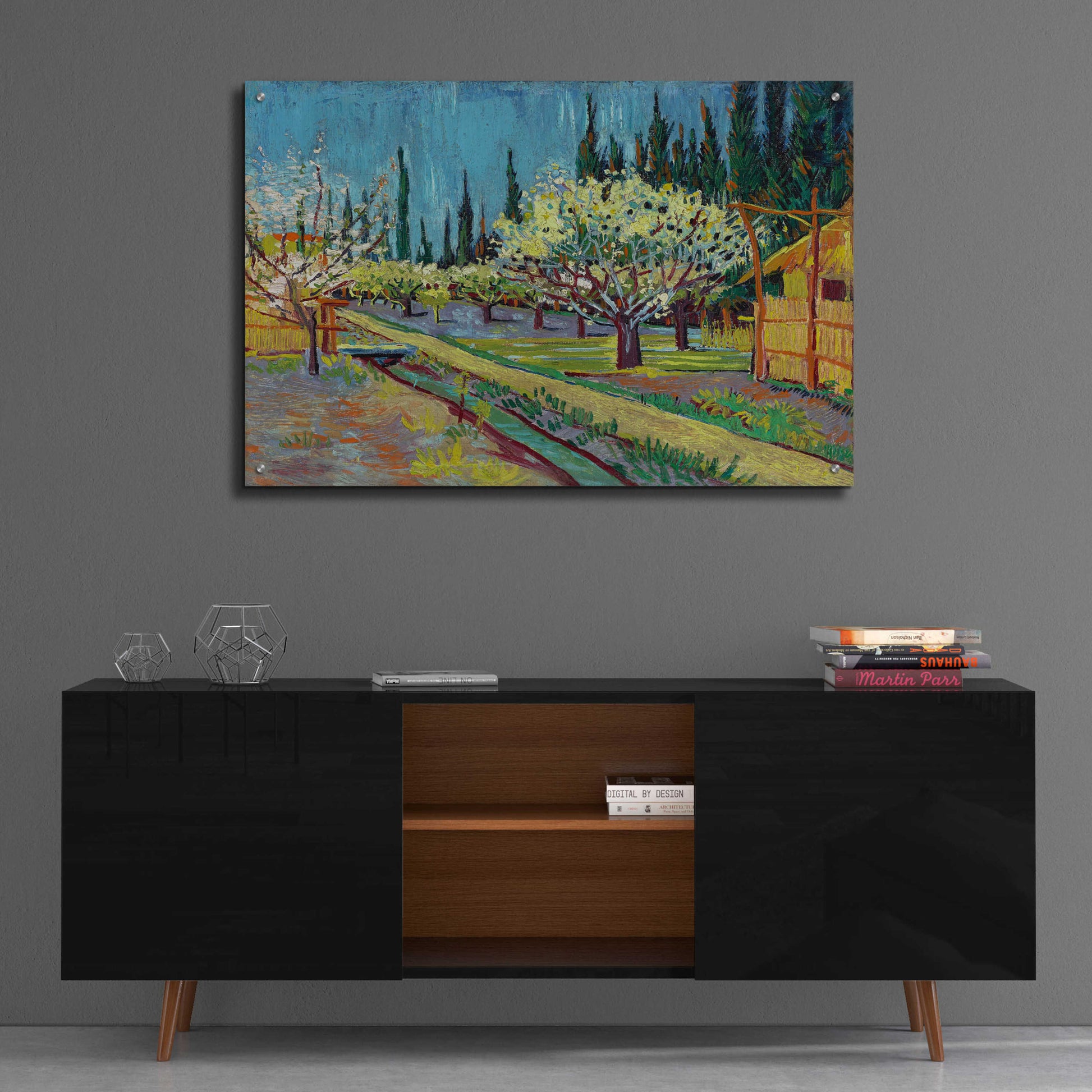 Epic Art 'Orchard Bordered By Cypresses' by Vincent Van Gogh, Acrylic Glass Wall Art,36x24