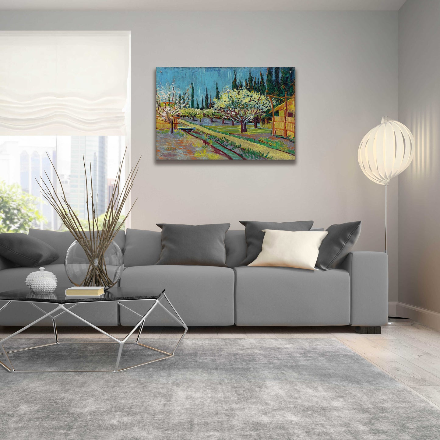 Epic Art 'Orchard Bordered By Cypresses' by Vincent Van Gogh, Acrylic Glass Wall Art,36x24