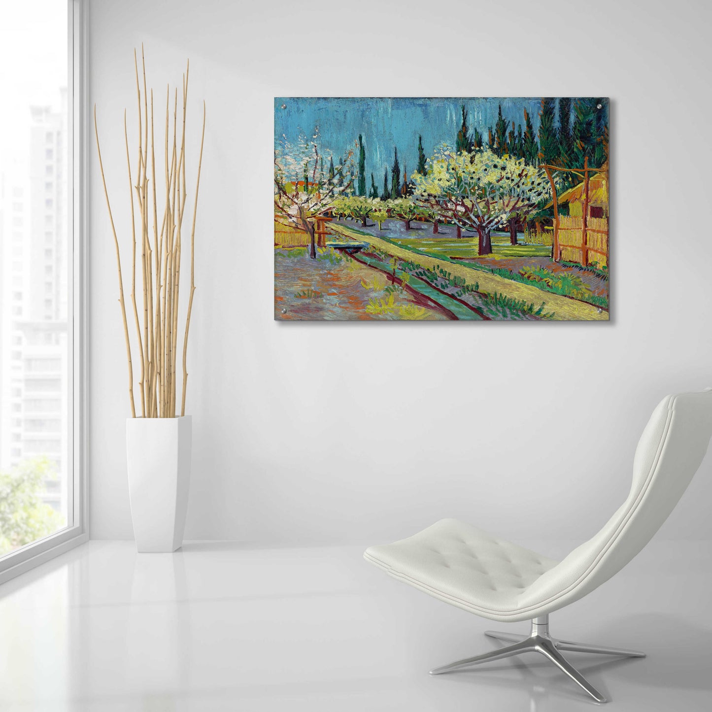 Epic Art 'Orchard Bordered By Cypresses' by Vincent Van Gogh, Acrylic Glass Wall Art,36x24