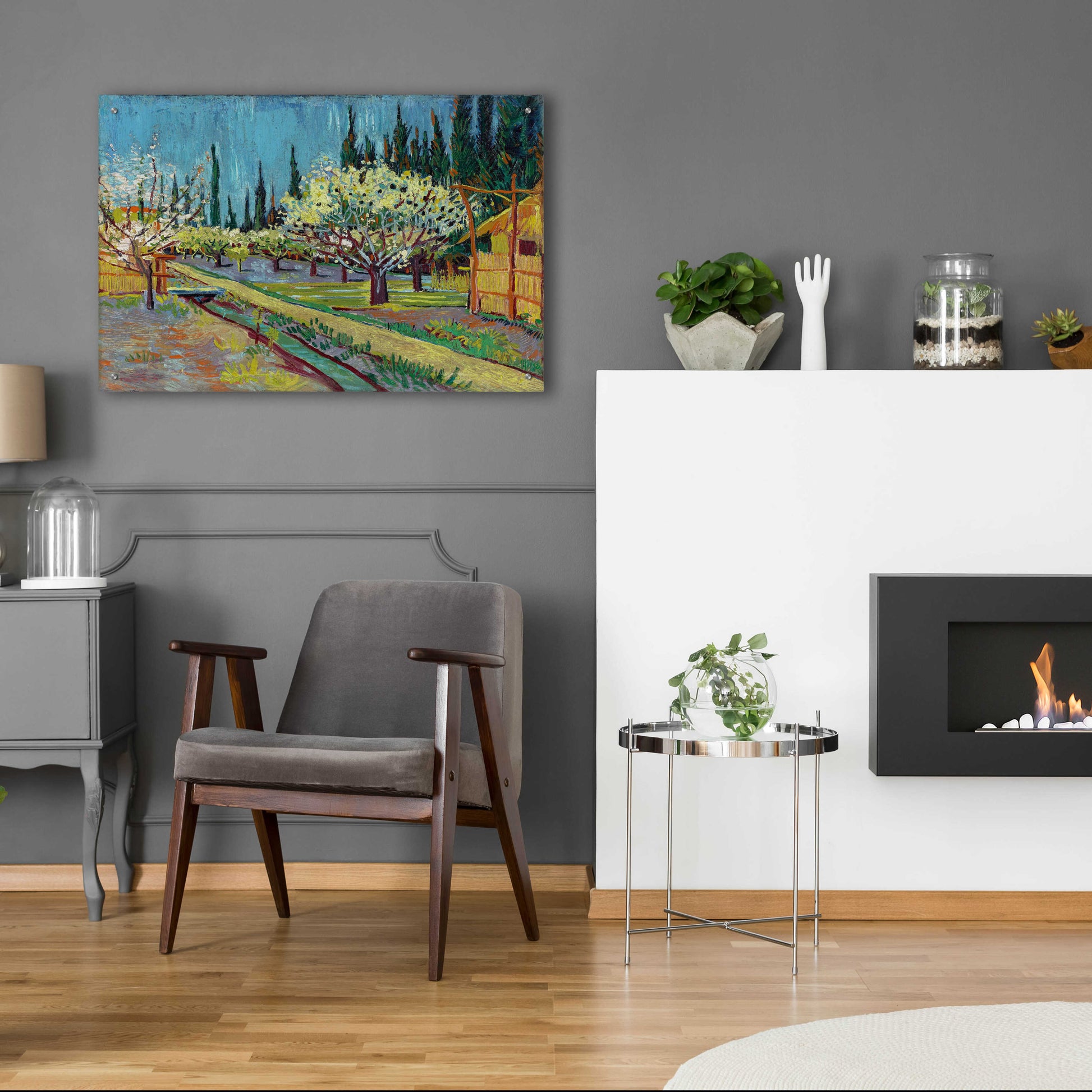 Epic Art 'Orchard Bordered By Cypresses' by Vincent Van Gogh, Acrylic Glass Wall Art,36x24