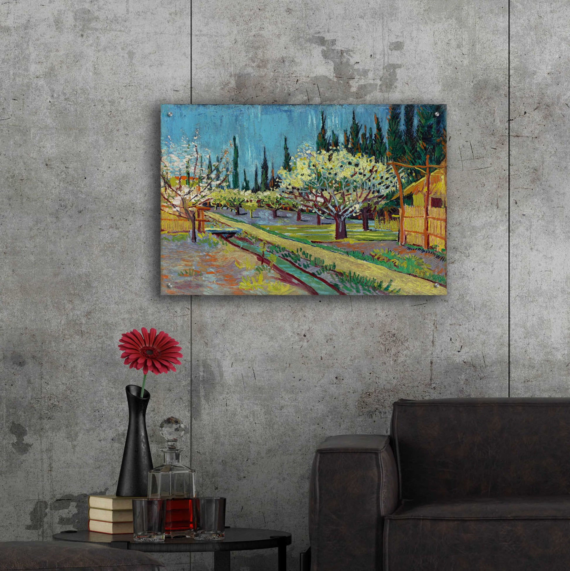 Epic Art 'Orchard Bordered By Cypresses' by Vincent Van Gogh, Acrylic Glass Wall Art,36x24