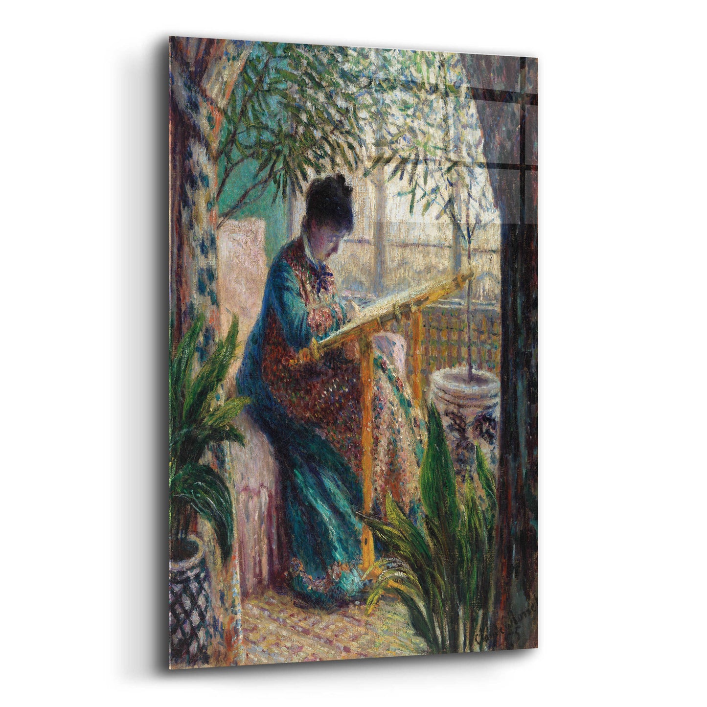 Epic Art 'Madame Monet Embroidering' by Claude Monet, Acrylic Glass Wall Art,16x24