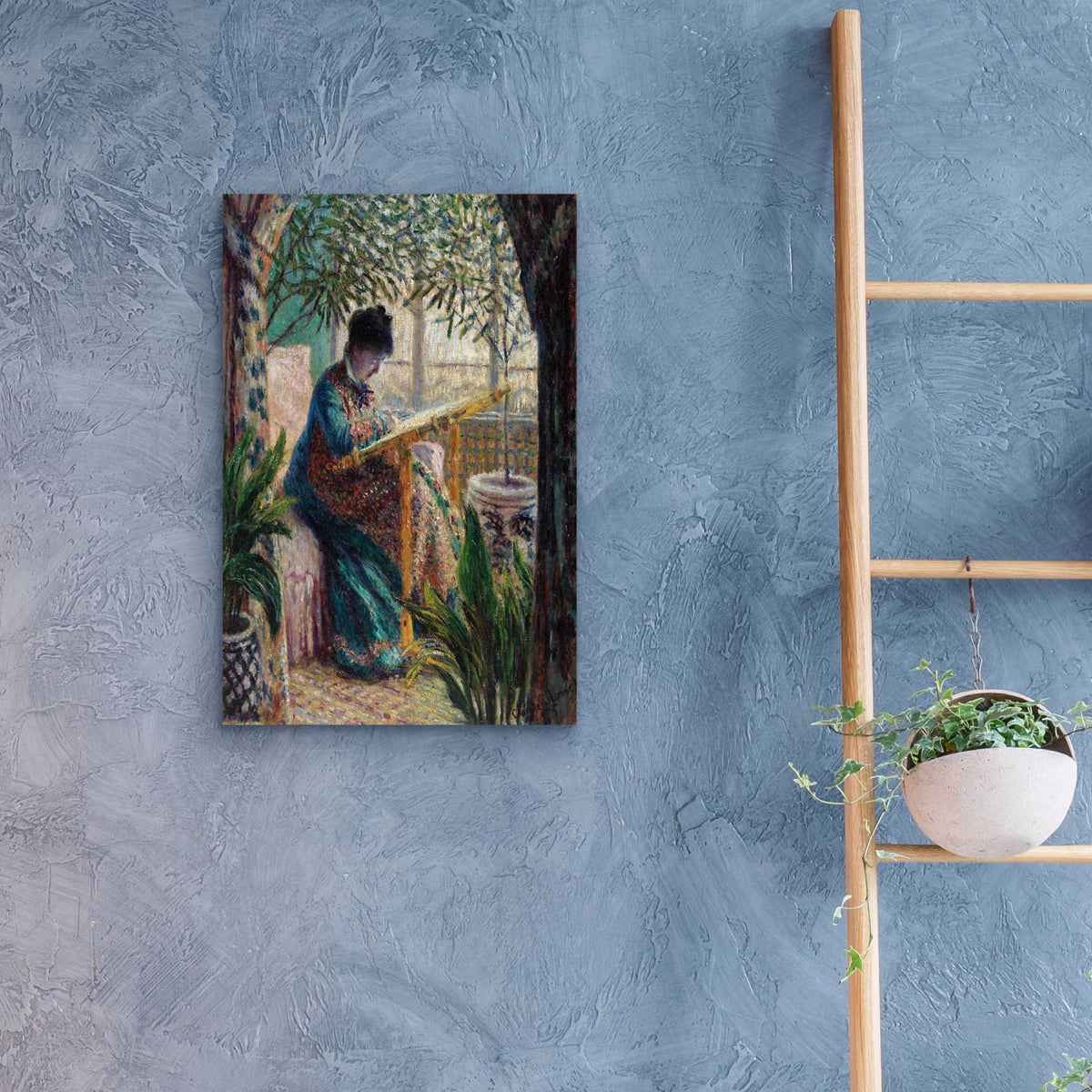 Epic Art 'Madame Monet Embroidering' by Claude Monet, Acrylic Glass Wall Art,16x24