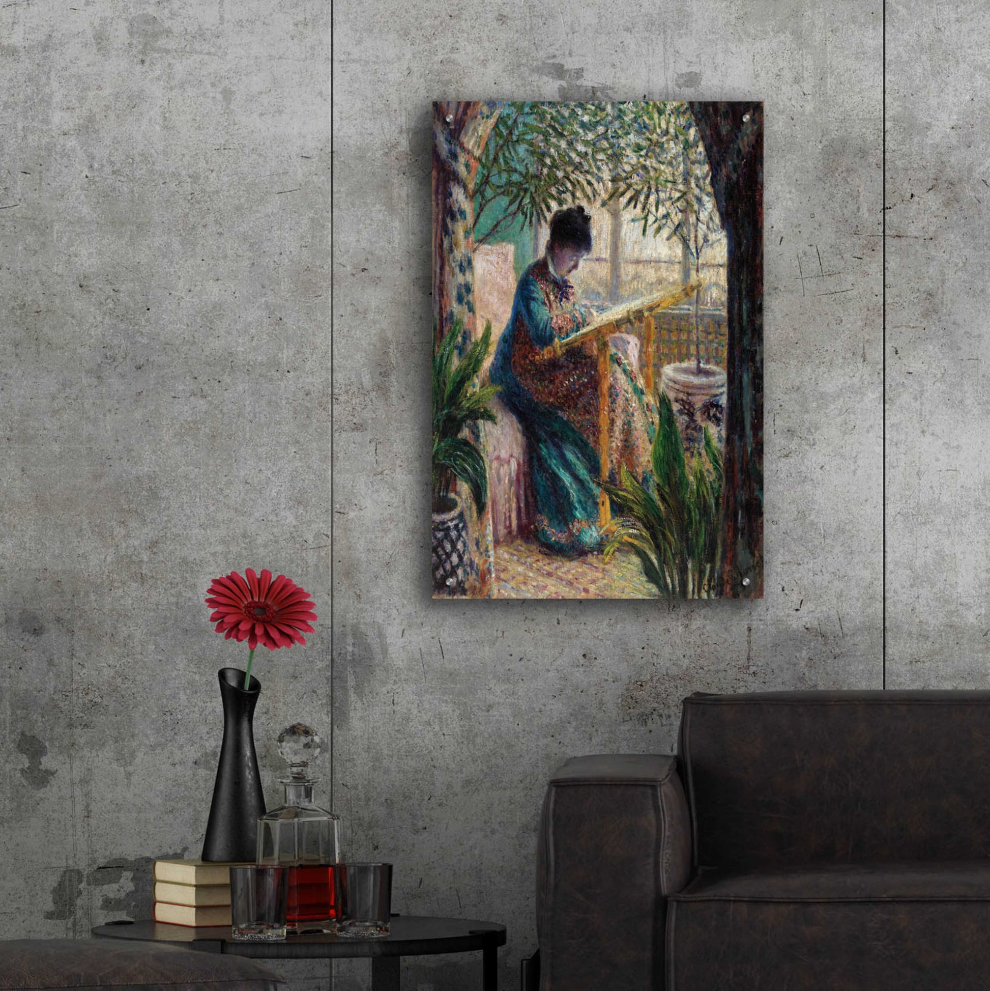 Epic Art 'Madame Monet Embroidering' by Claude Monet, Acrylic Glass Wall Art,24x36