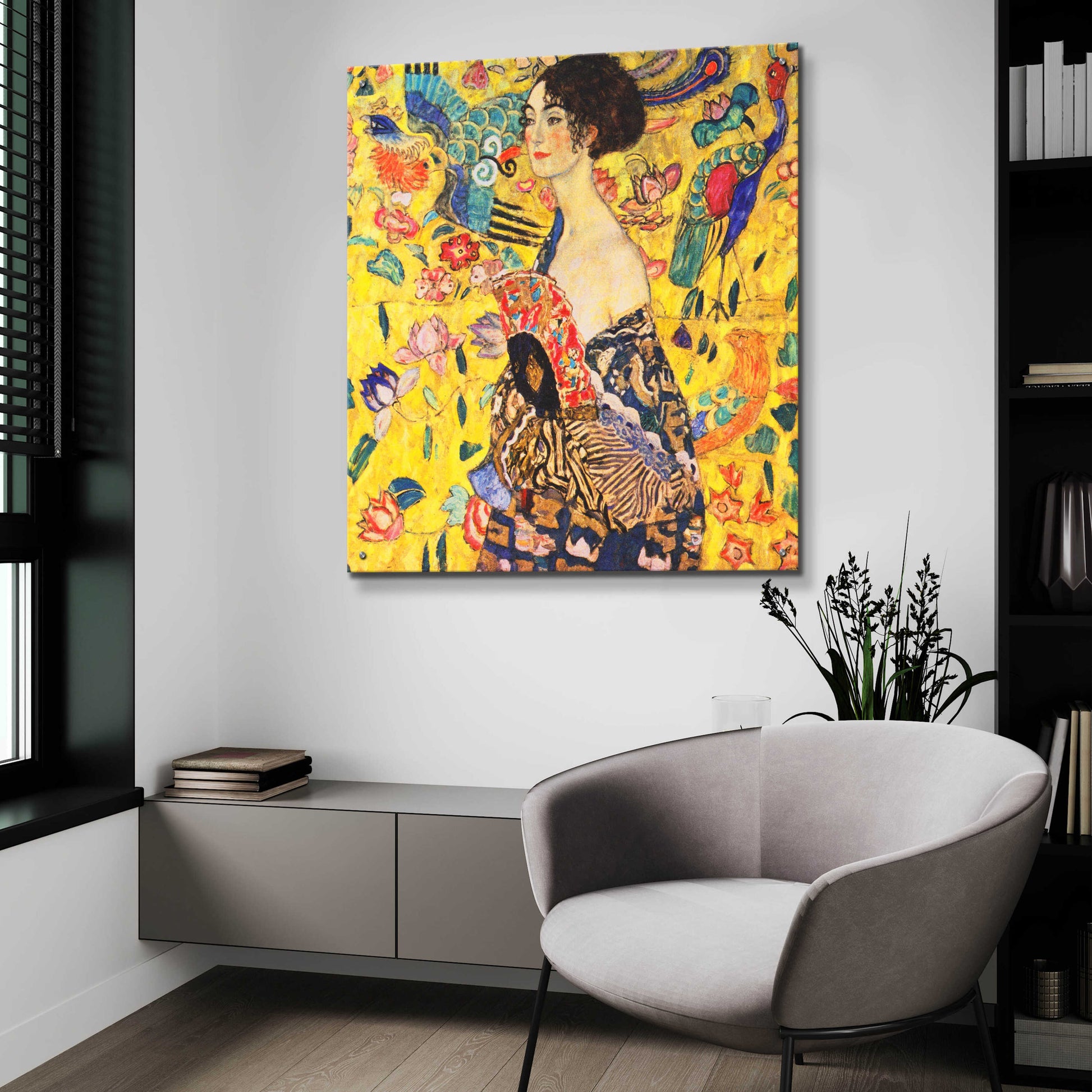 Epic Art 'Woman with Fan' by Gustav Klimt, Acrylic Glass Wall Art,36x36