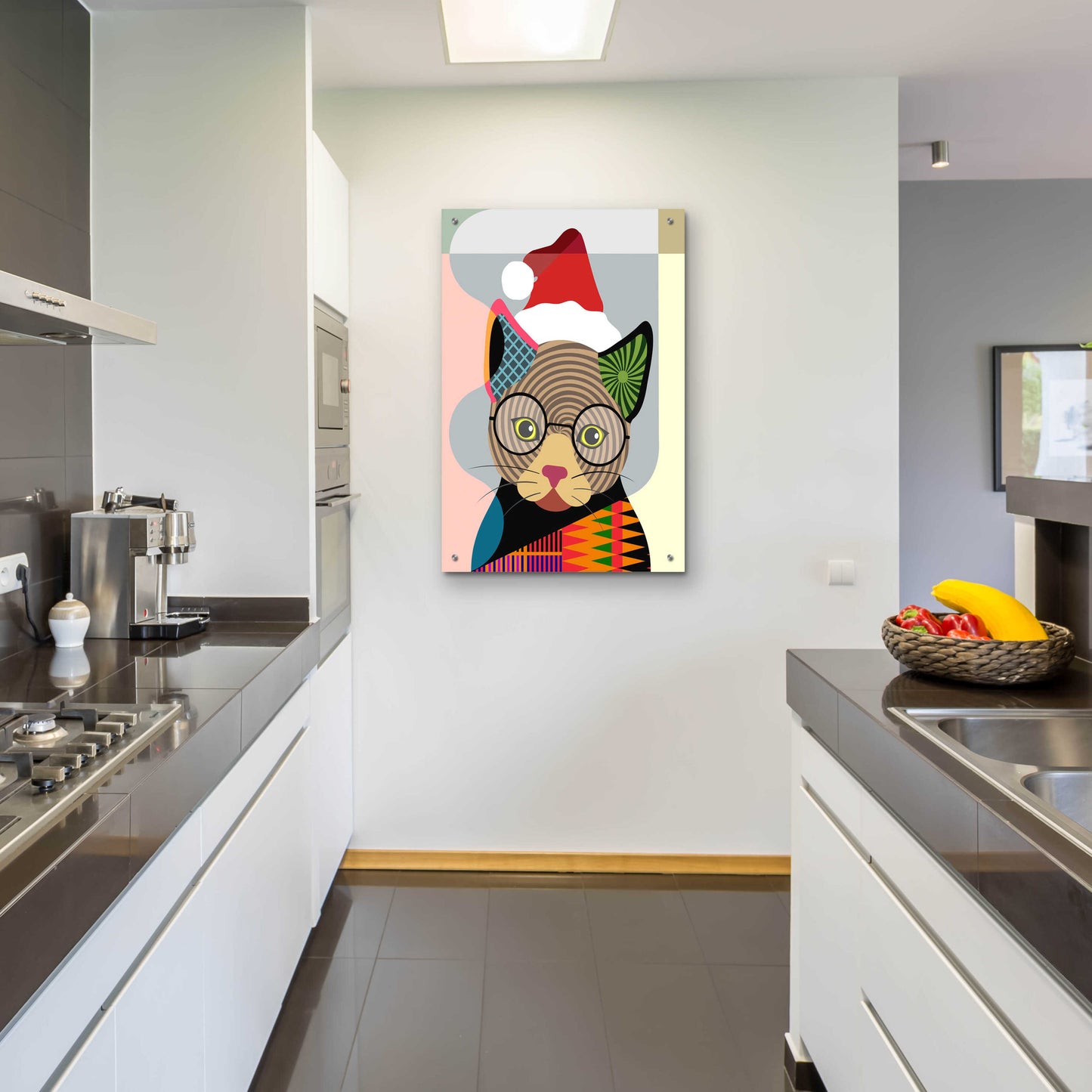 Epic Art 'Santa Kitty' by Lanre Adefioyue, Acrylic Glass Wall Art,24x36